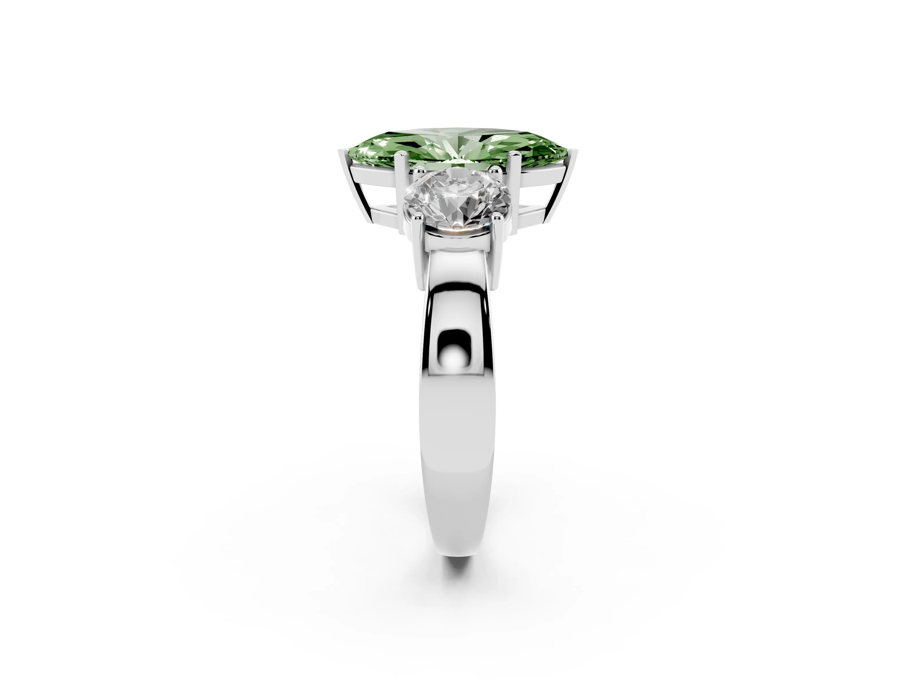 Fancy Green Marquise Cut Diamond Three-Stone Ring Set in Platinum with Round Side Stones and Classic Band