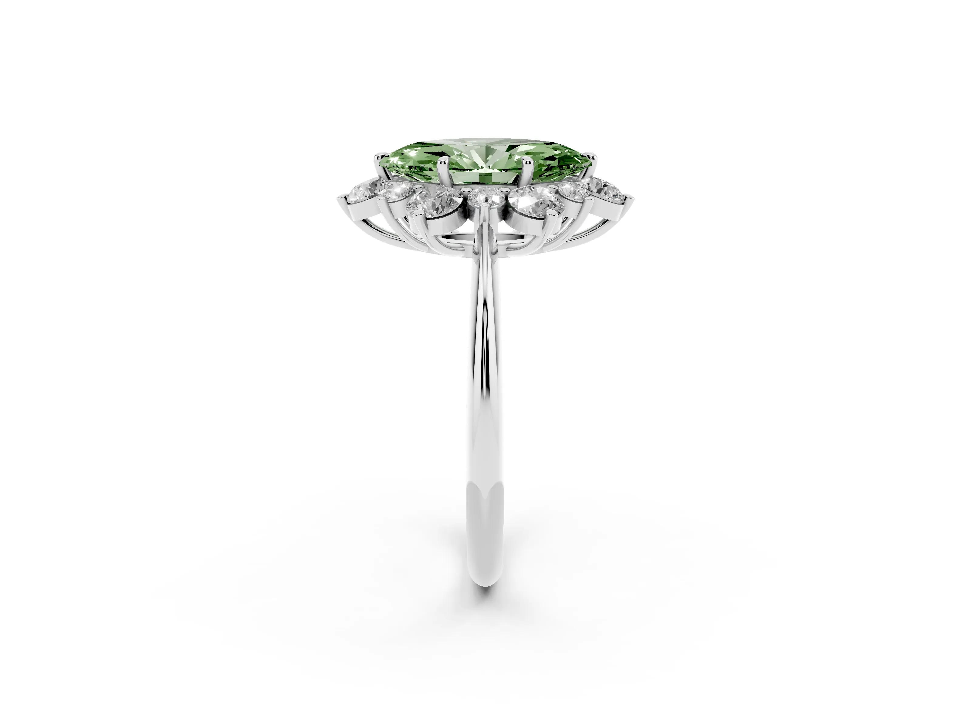 Fancy Green Marquise Cut Diamond Cluster Halo Ring Set in White gold with Solitaire Band and Prong Setting