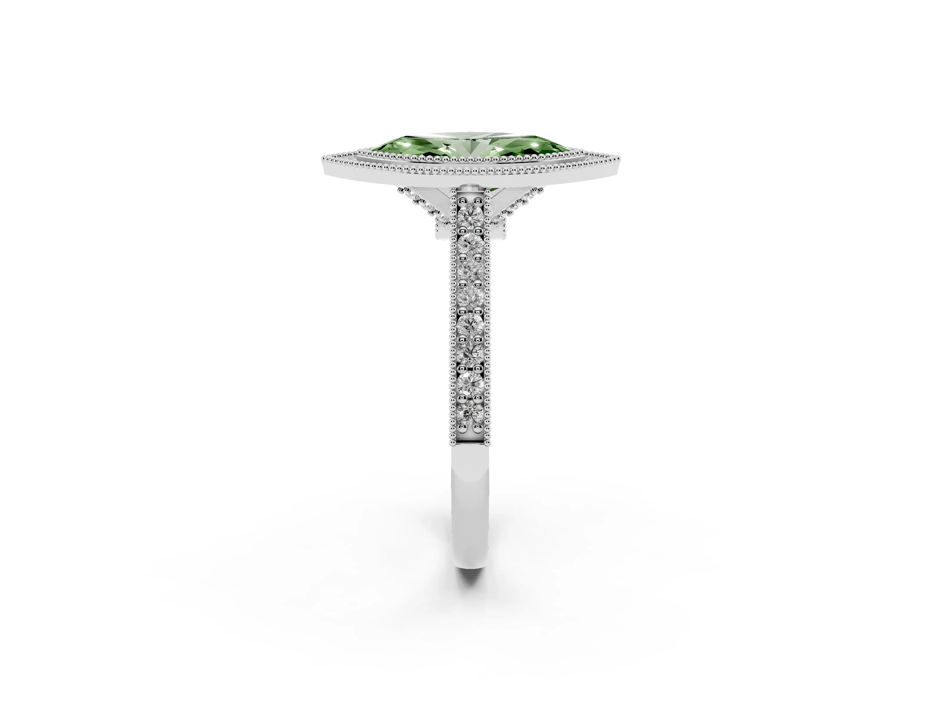 Fancy Green Marquise Cut Diamond Halo Milgrain Pavé Band Ring Set in Platinum with Prong Setting