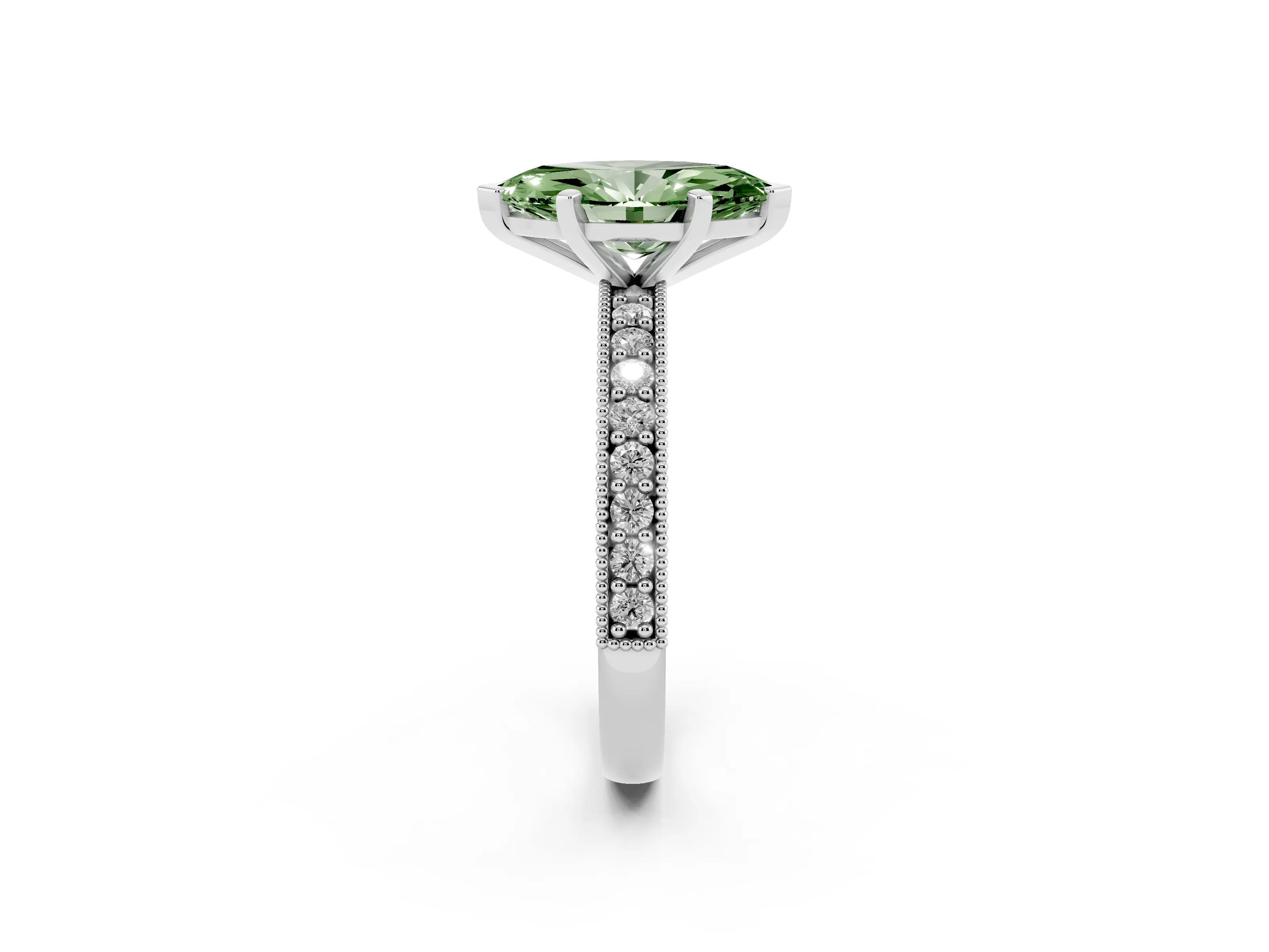 Fancy Green Marquise Cut Diamond Milgrain Pavé Engagement Ring Set in Platinum with Prong Setting