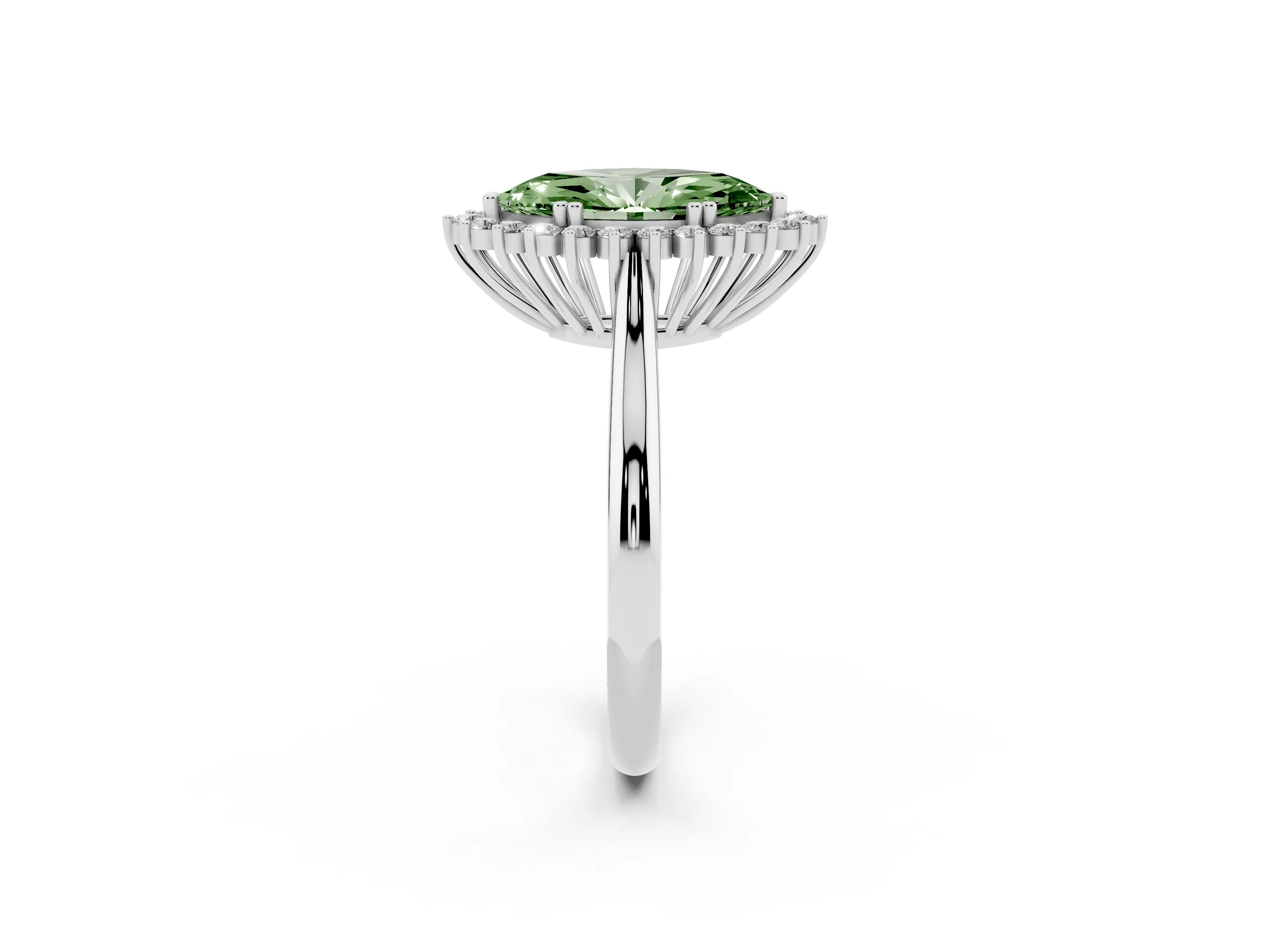 Fancy Green Marquise Cut Diamond Halo Ring Set in Silver with Plain Solitaire Band and Prong Setting