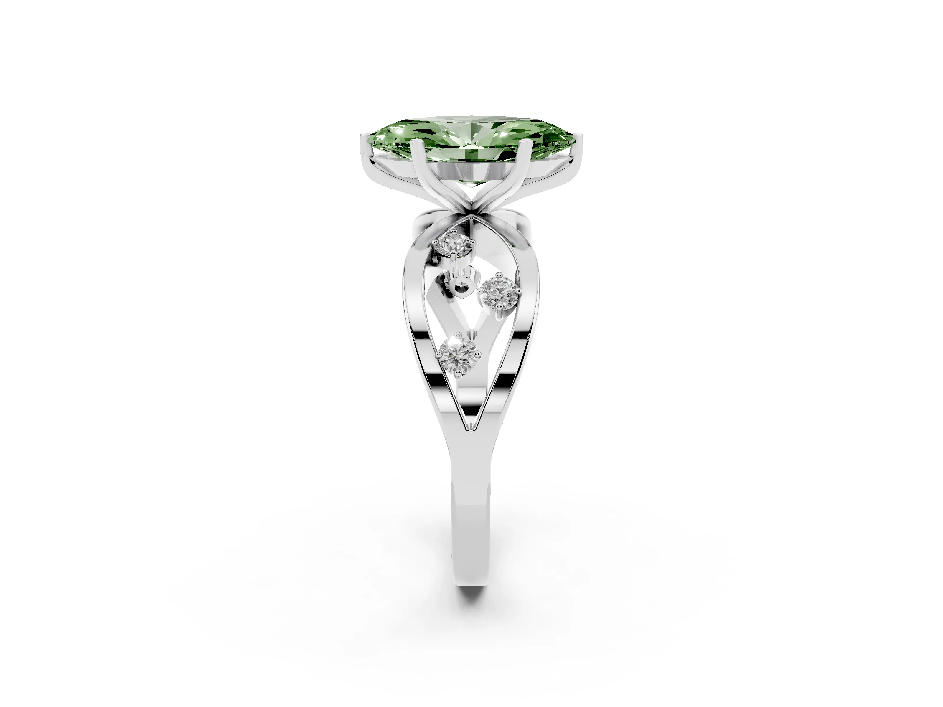Fancy Green Marquise Cut Diamond Solitaire Ring Set in White gold with Side Stones on Criss-Cross Band and Prong Setting
