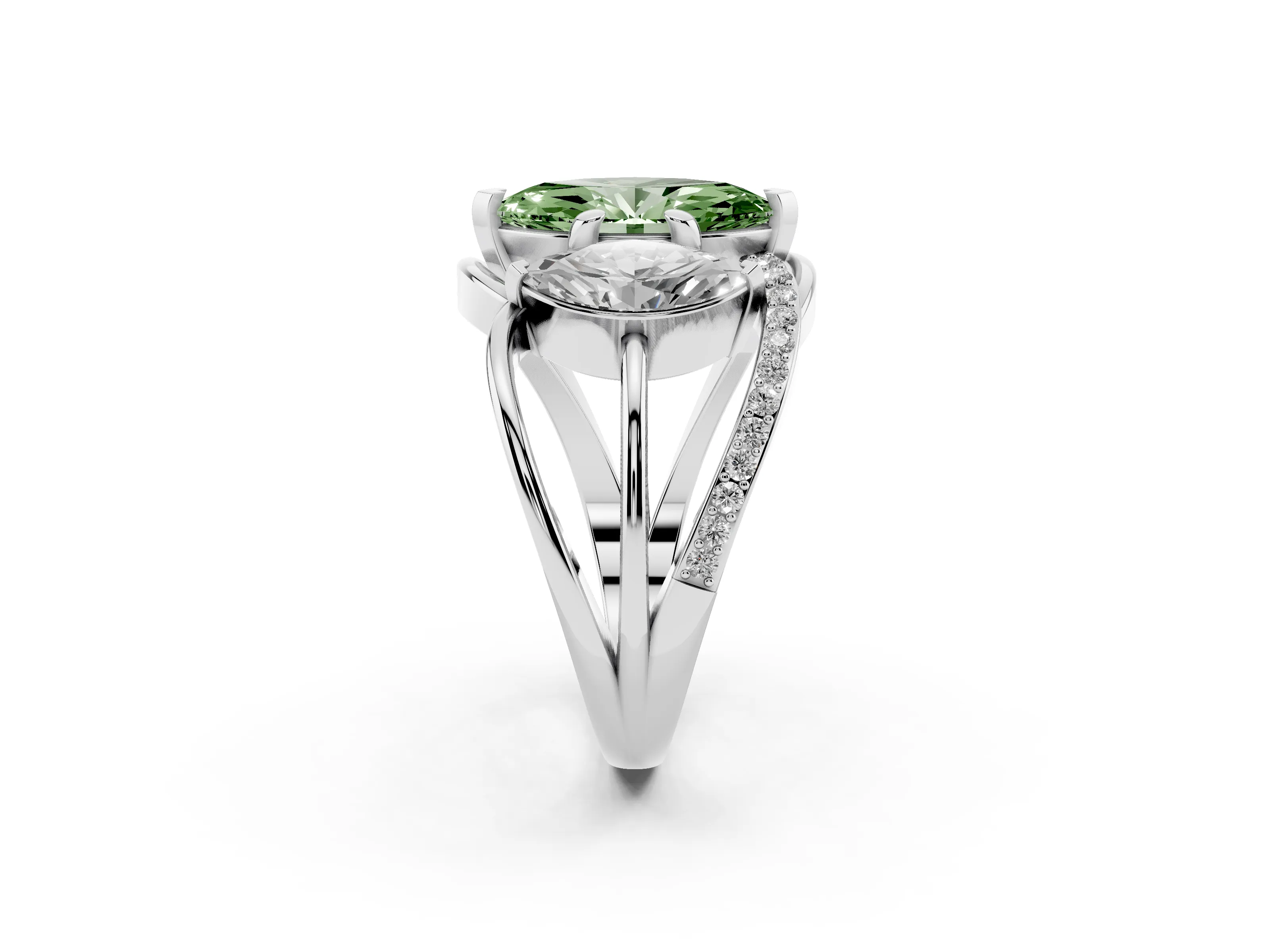 Fancy Green Marquise Cut Diamond Three-Stone Ring Set in Platinum with Split Shank and Prong Setting