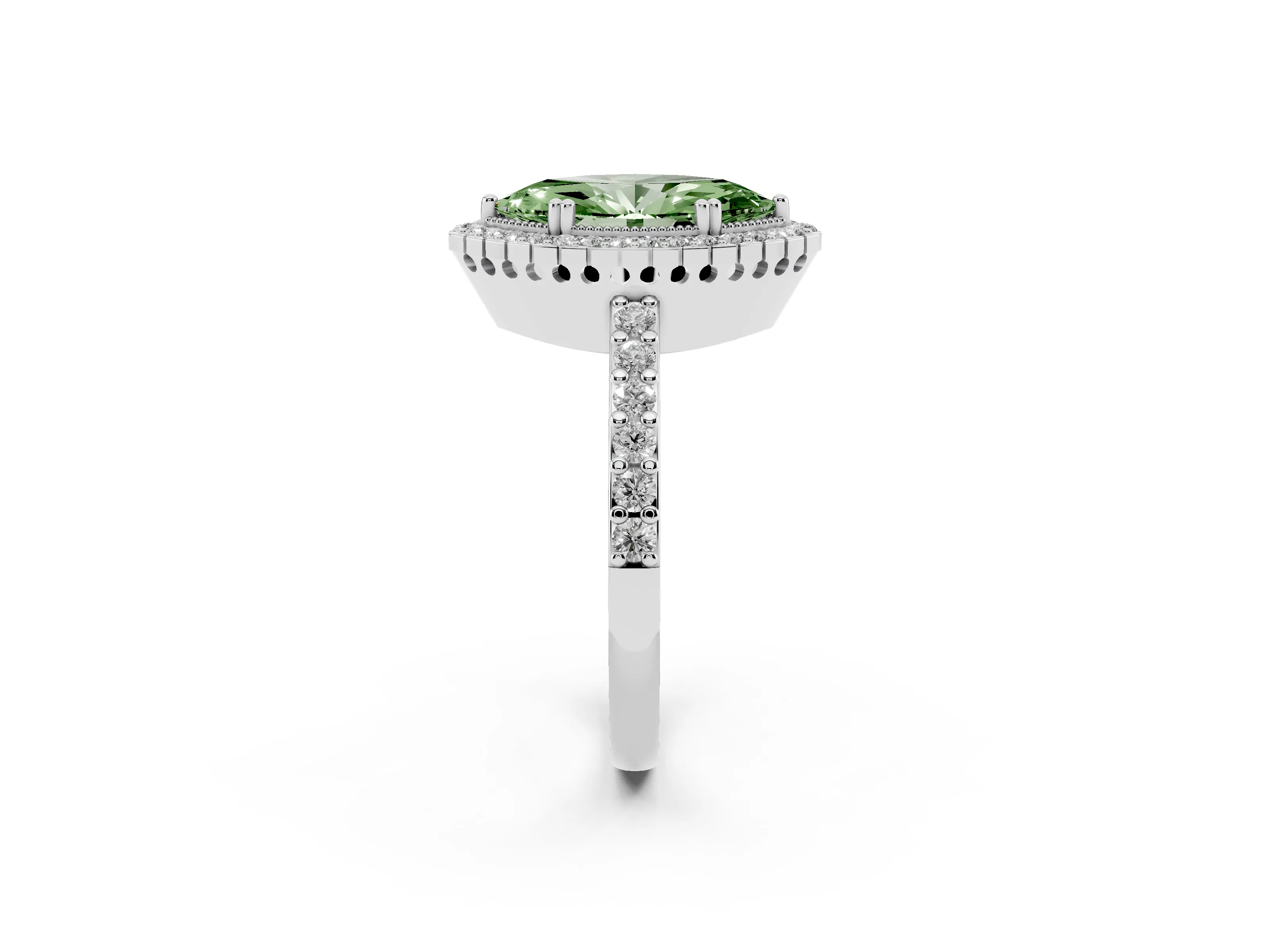 Fancy Green Marquise Cut Diamond Halo Engagement Ring Set in White gold with Milgrain Detail and Pavé Band
