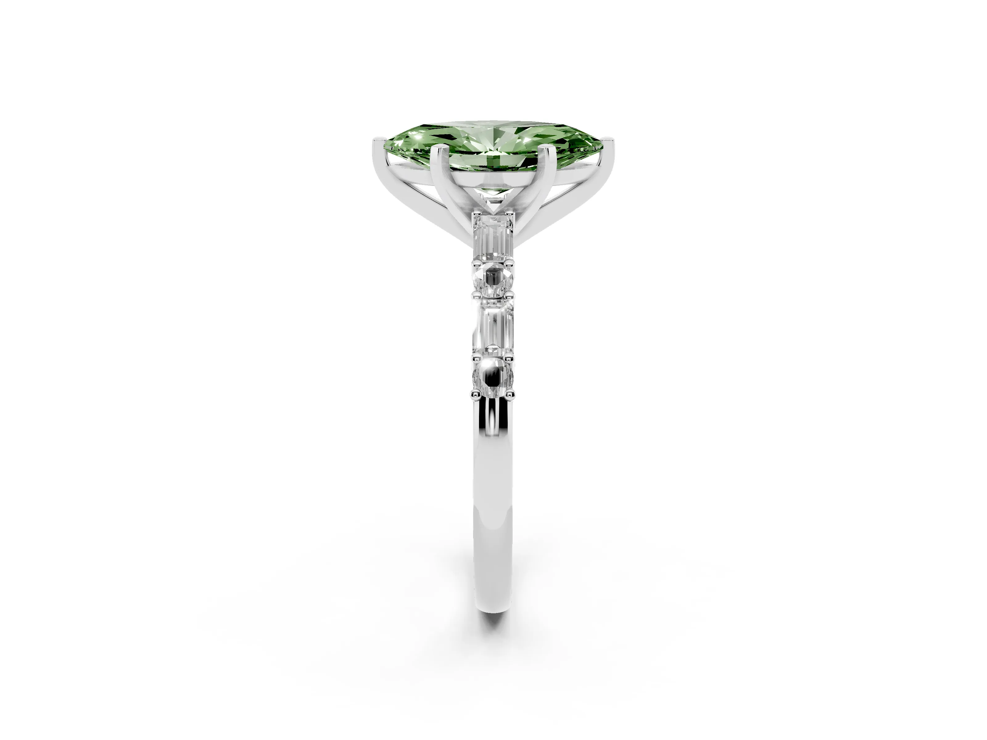 Fancy Green Marquise Cut Diamond Solitaire Set in Platinum with Side Baguettes and Channel Set Band