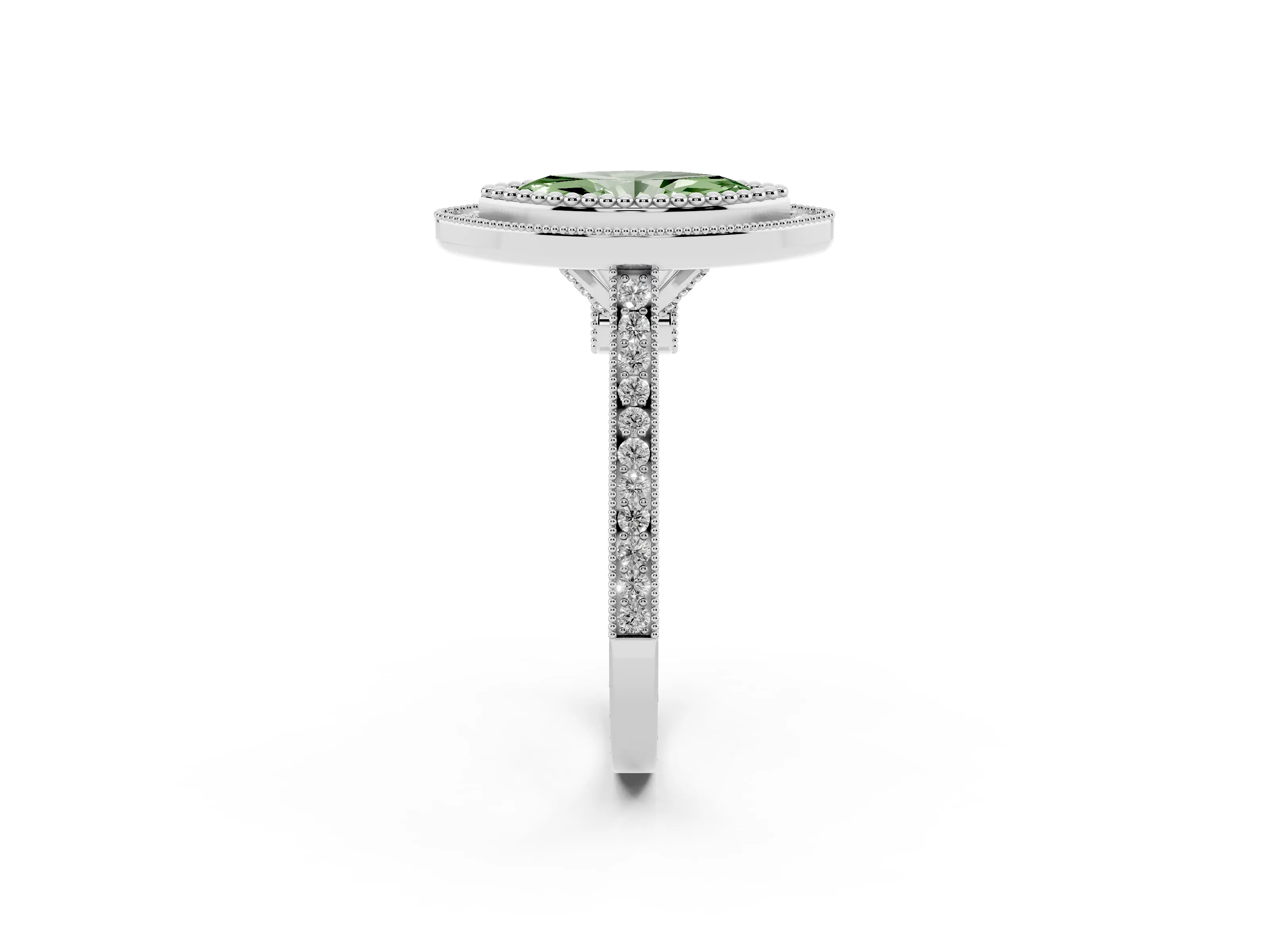 Fancy Green Marquise Cut Diamond Halo Ring Set in Silver with Milgrain Frame and Pavé Band