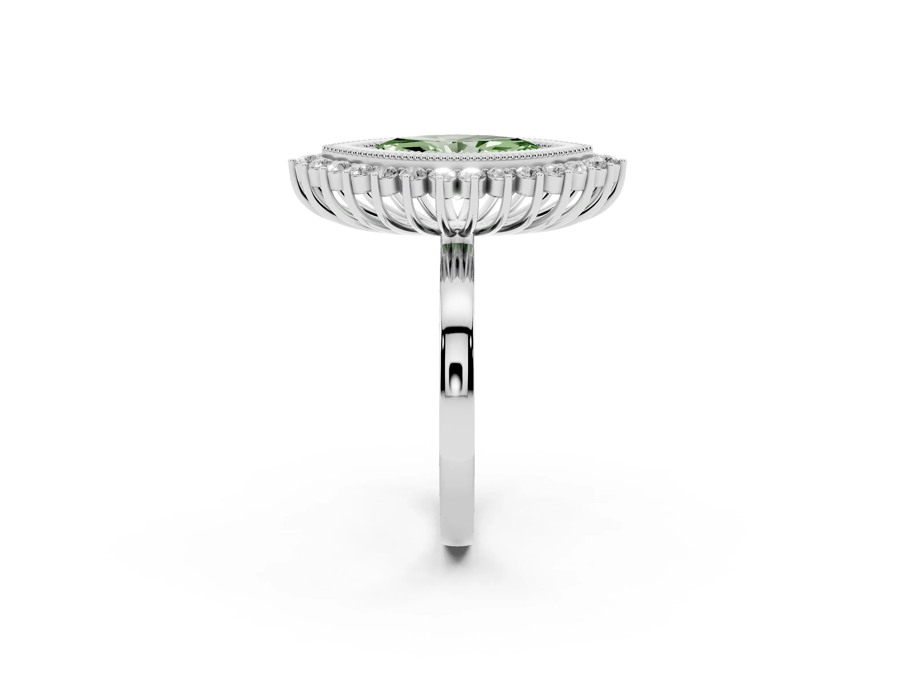 Fancy Green Marquise Cut Diamond Halo Ring Set in Platinum with Milgrain Edge and Round Prong Setting