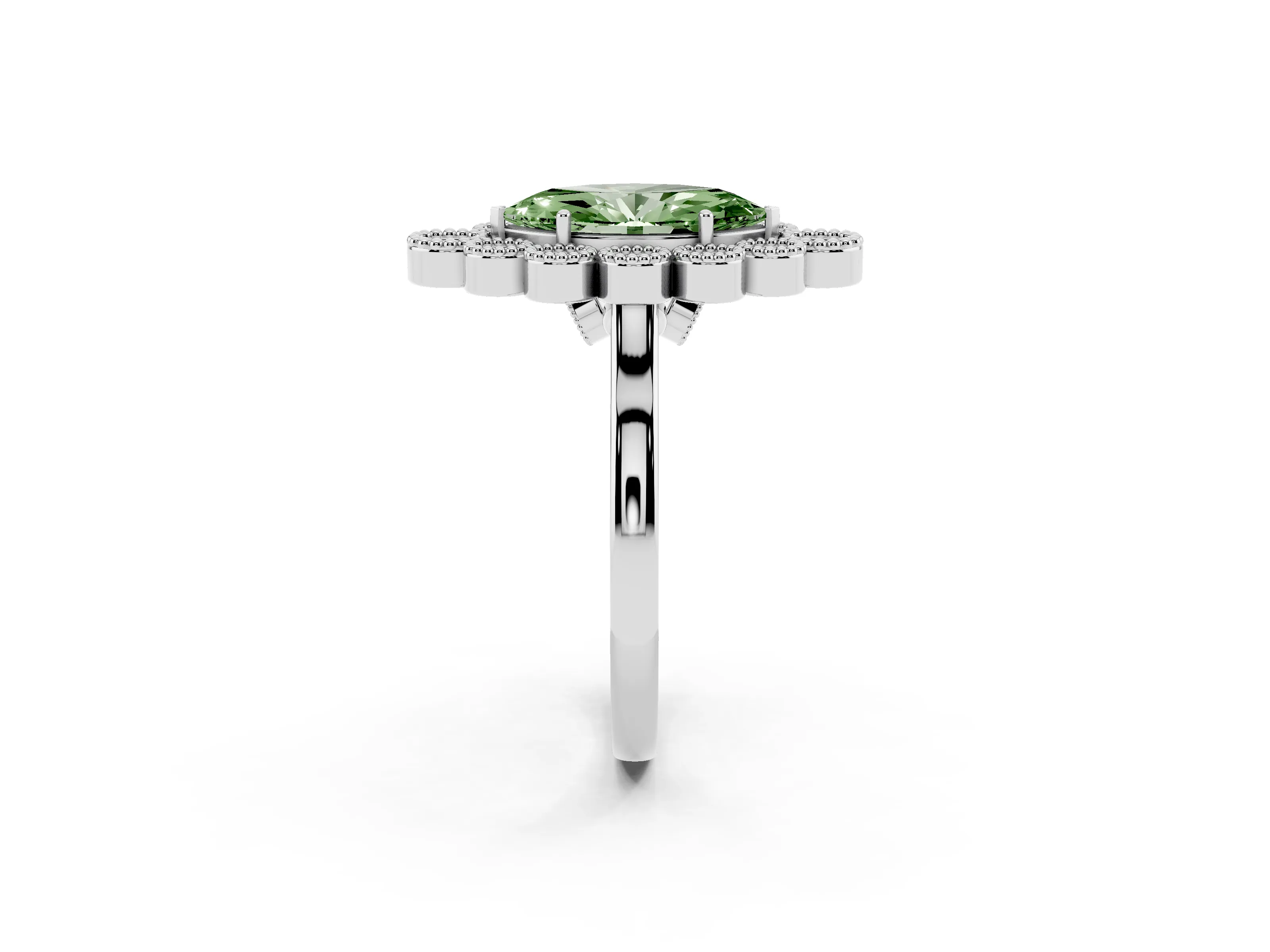 Fancy Green Marquise Cut Diamond Cluster Halo Ring Set in White gold with Milgrain Bezel Accents and Plain Band
