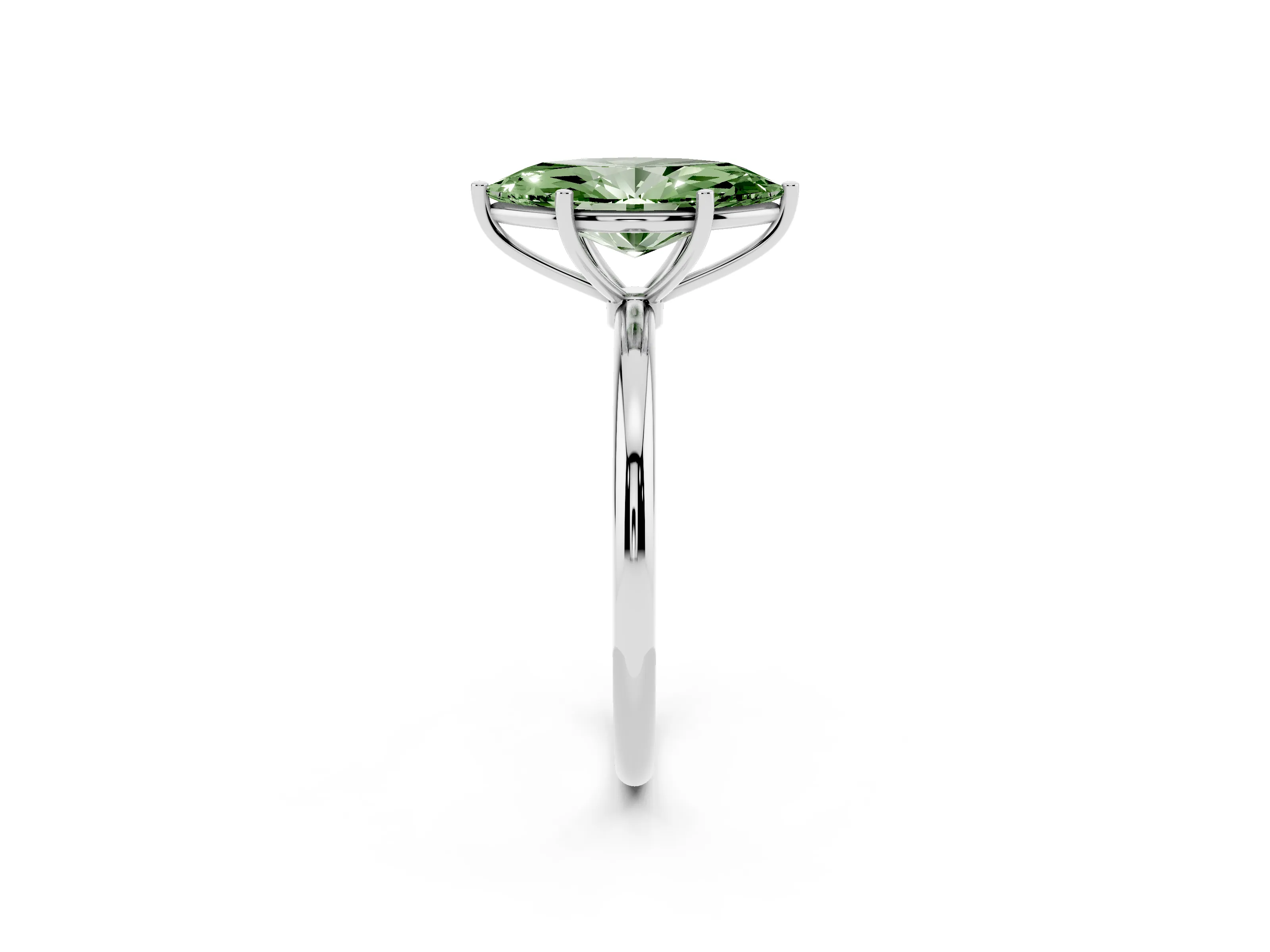Fancy Green Marquise Cut Diamond Solitaire Engagement Ring Set in White gold with Thin Band and Prong Setting