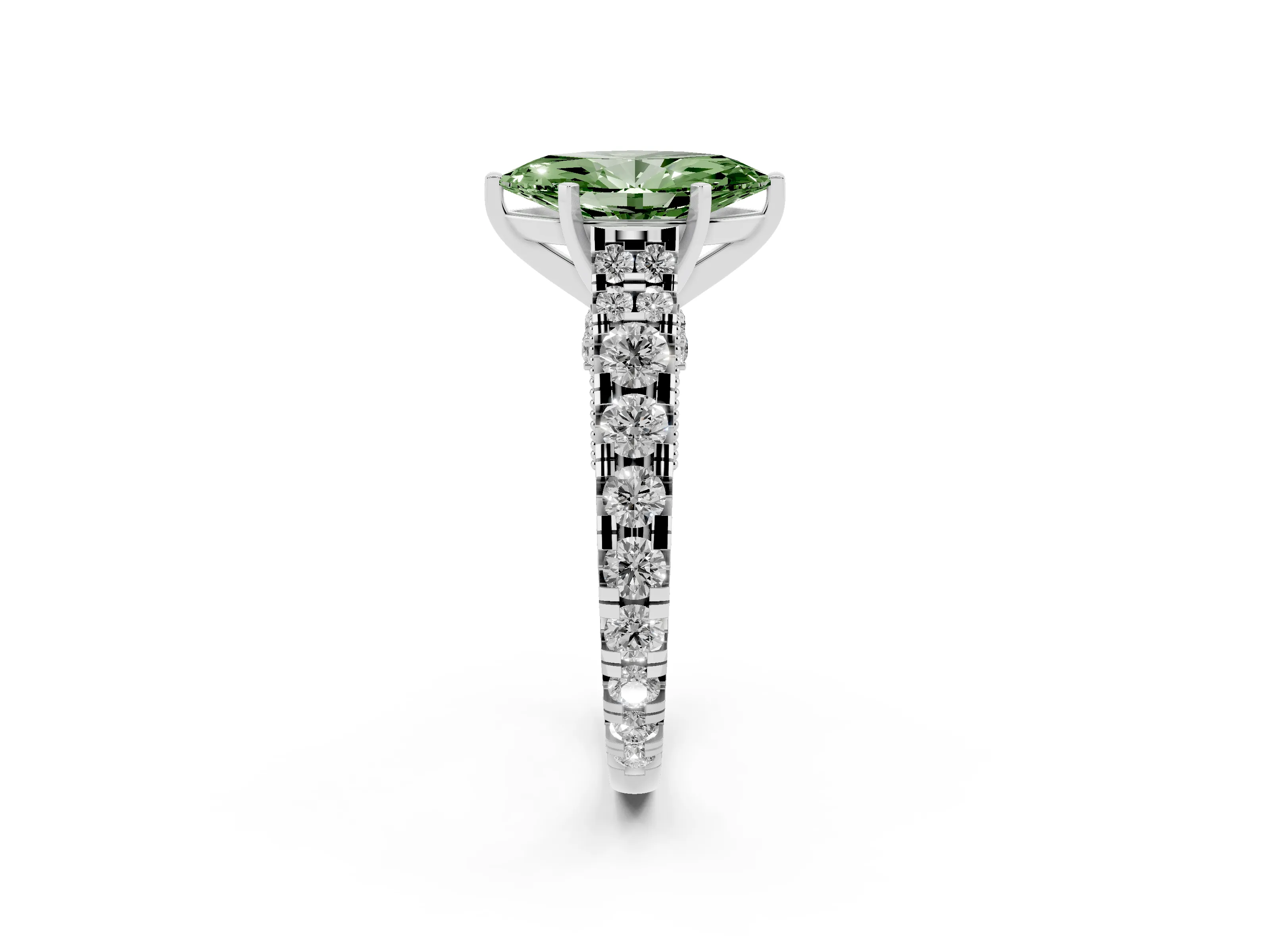 Fancy Green Marquise Cut Diamond Classic Solitaire Ring Set in Silver with Pavé Band and Prong Setting