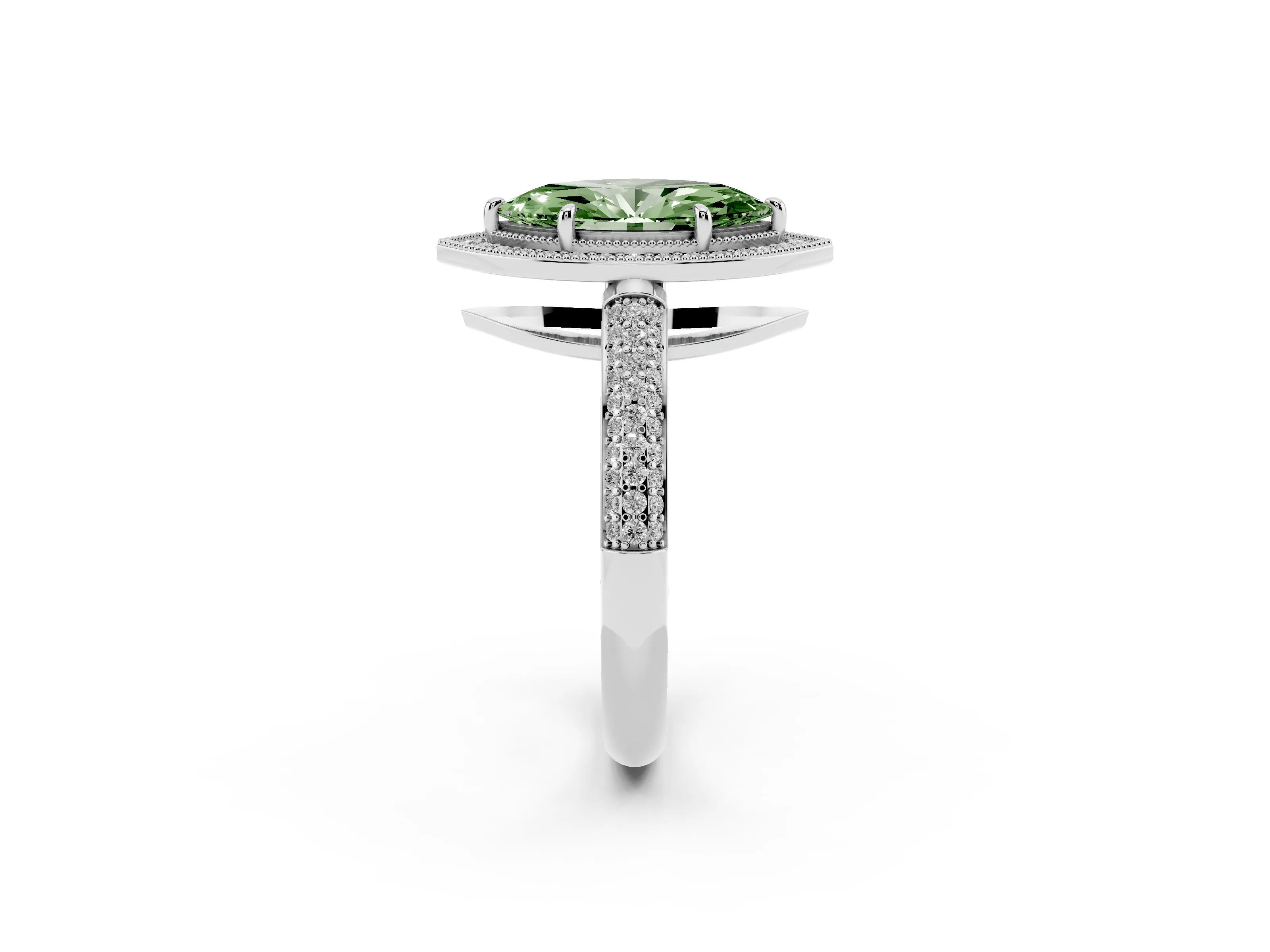 Fancy Green Marquise Cut Diamond Halo Pavé Band Set in White gold with Prong Setting