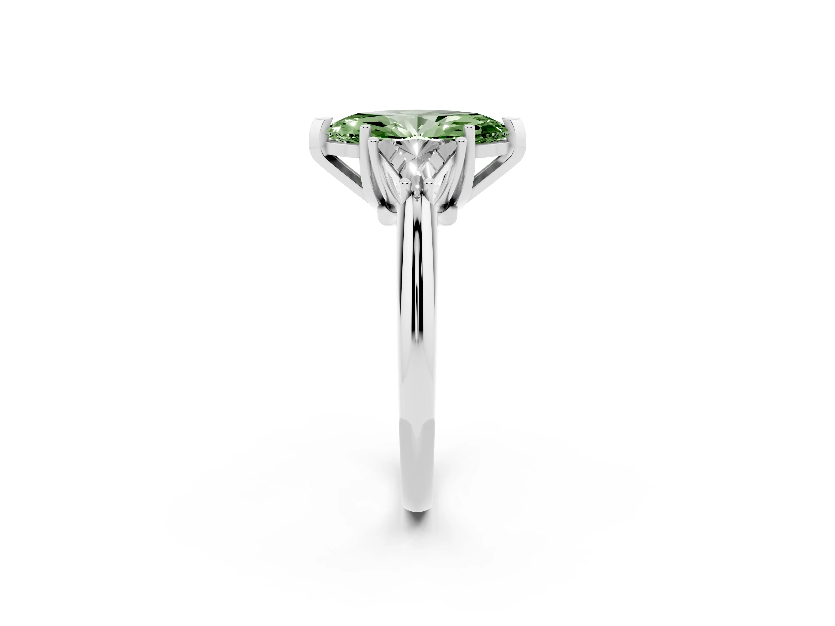 Fancy Green Marquise Cut Diamond Three-Stone Engagement Ring Set in Silver with Trillion Side Stones