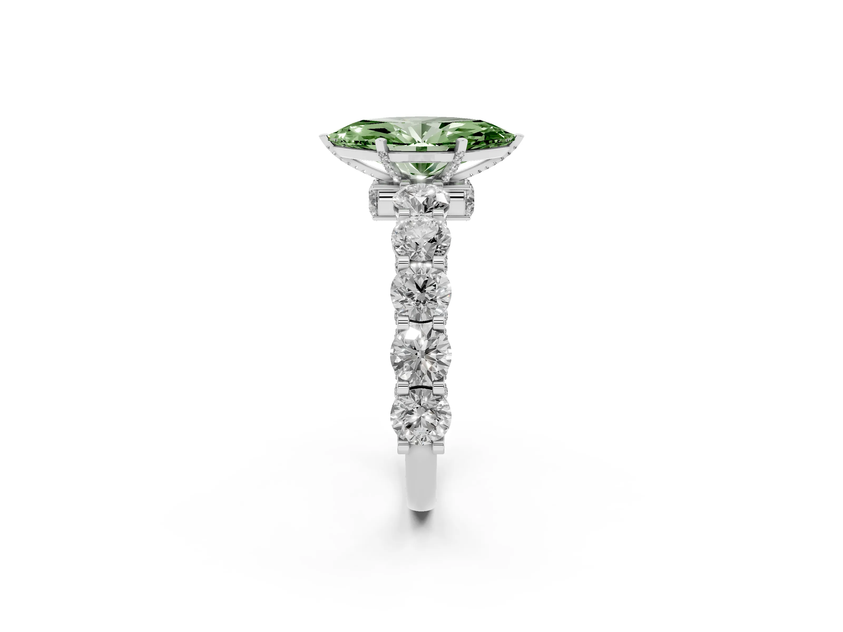 Fancy Green Marquise Cut Diamond Side Stone Ring Set in White gold with Alternating Round and Oval Side Stones