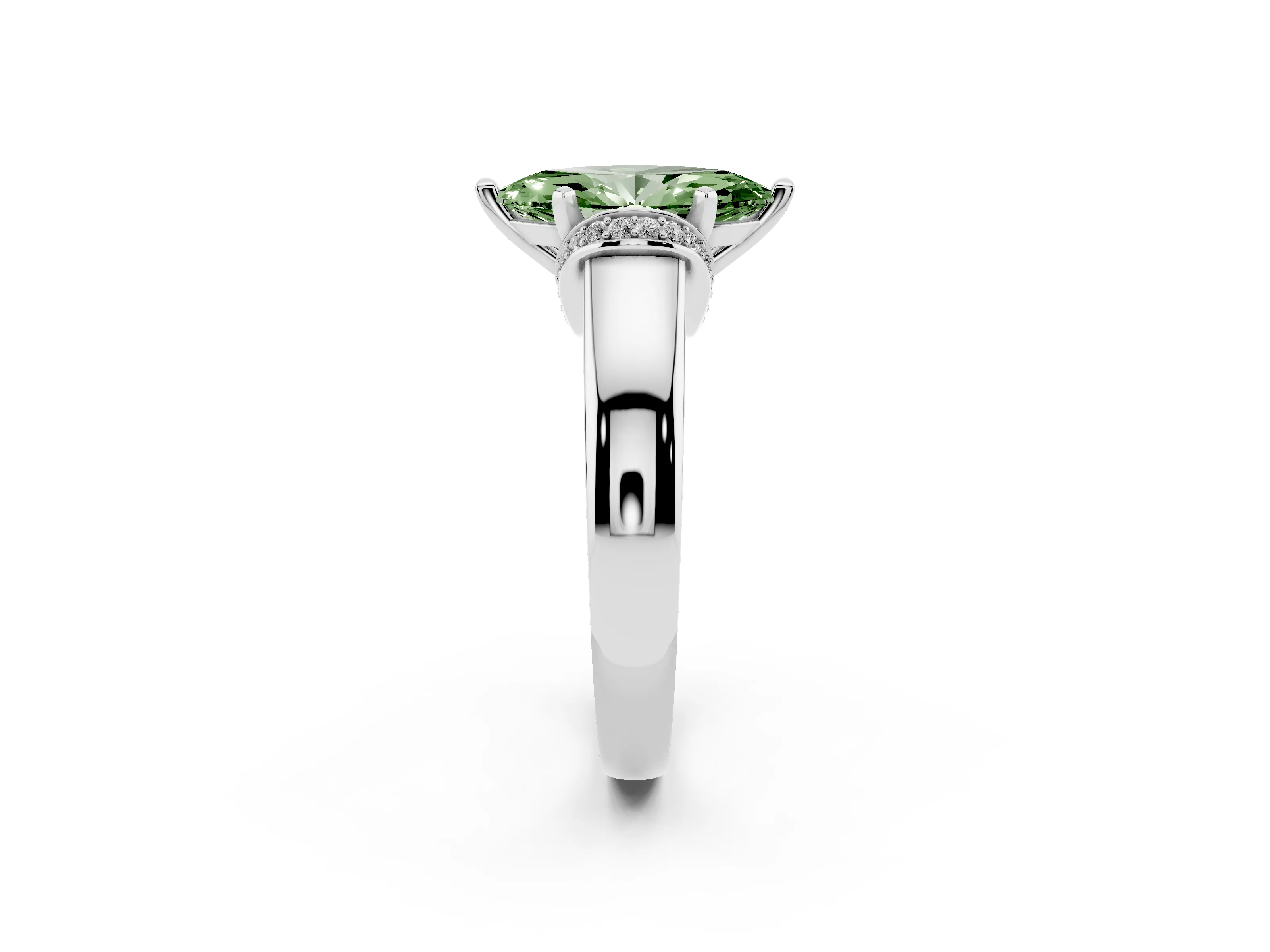 Fancy Green Marquise Cut Diamond Pavé Band Solitaire Ring Set in Silver with Prong Setting