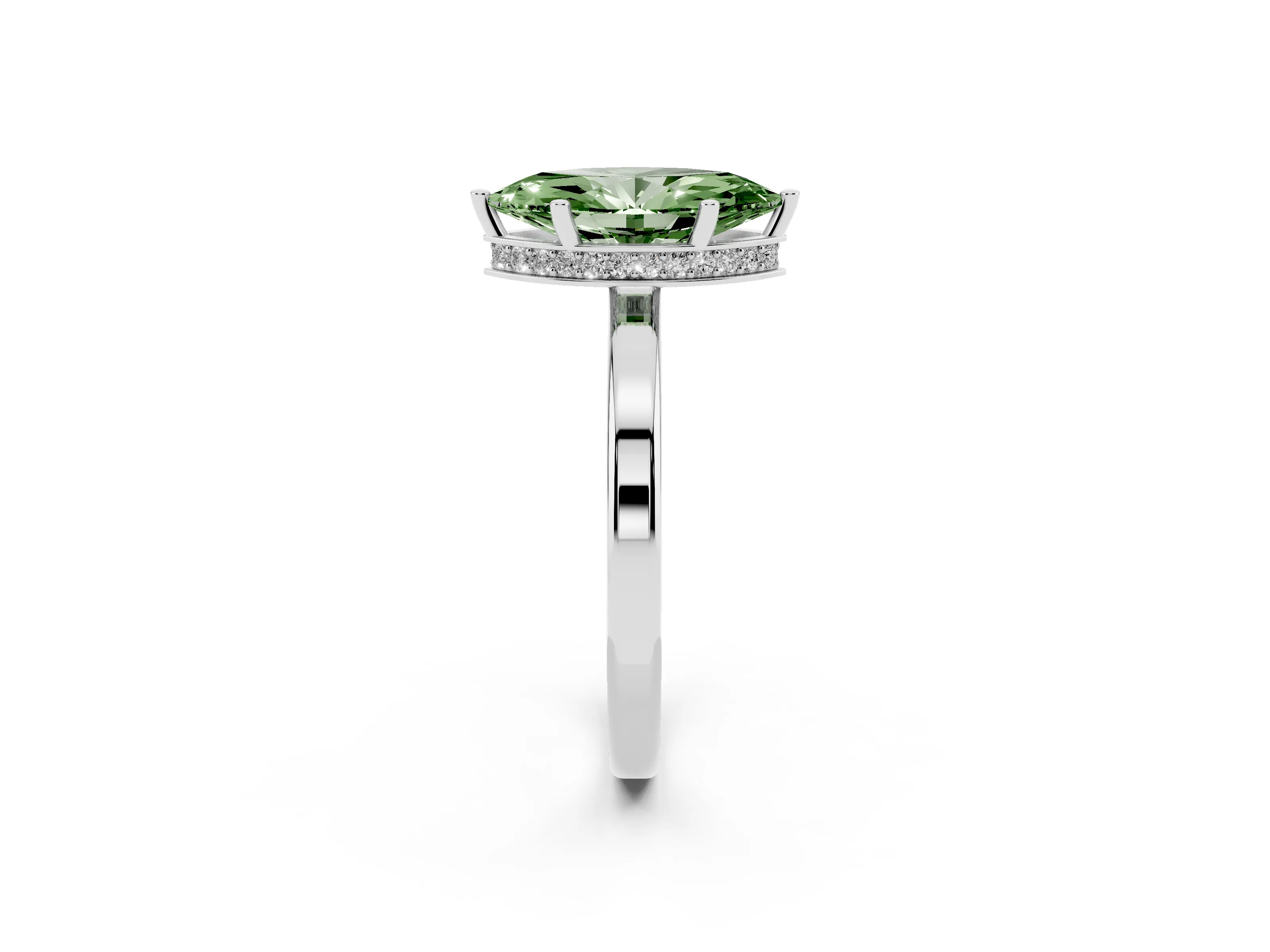 Fancy Green Marquise Cut Diamond Solitaire Engagement Ring Set in White gold with Prong Setting on a Plain Band