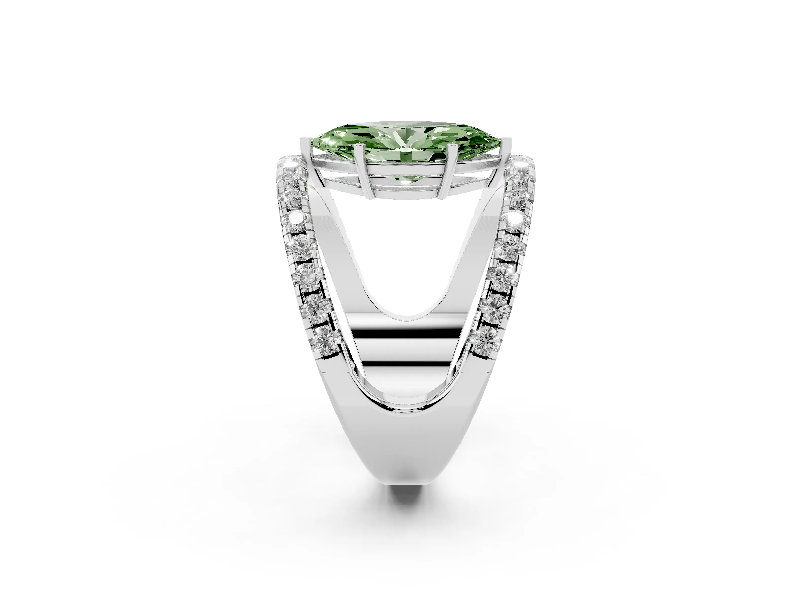 Fancy Green Marquise Cut Diamond Split Shank Pavé Solitaire Ring Set in White gold with Open Shank Design