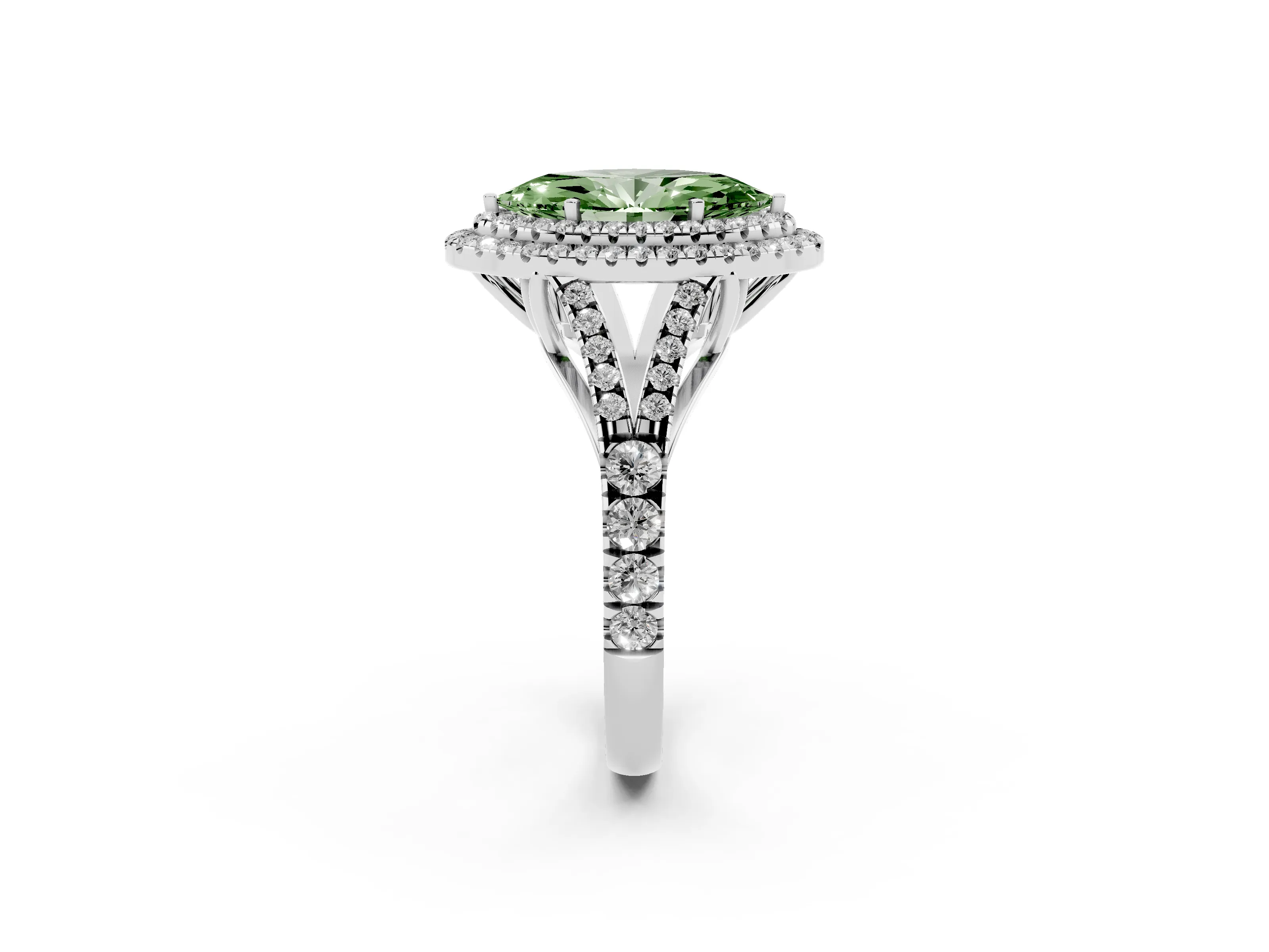 Fancy Green Marquise Cut Diamond Pavé Split Shank Double Halo Engagement Ring Set in Platinum