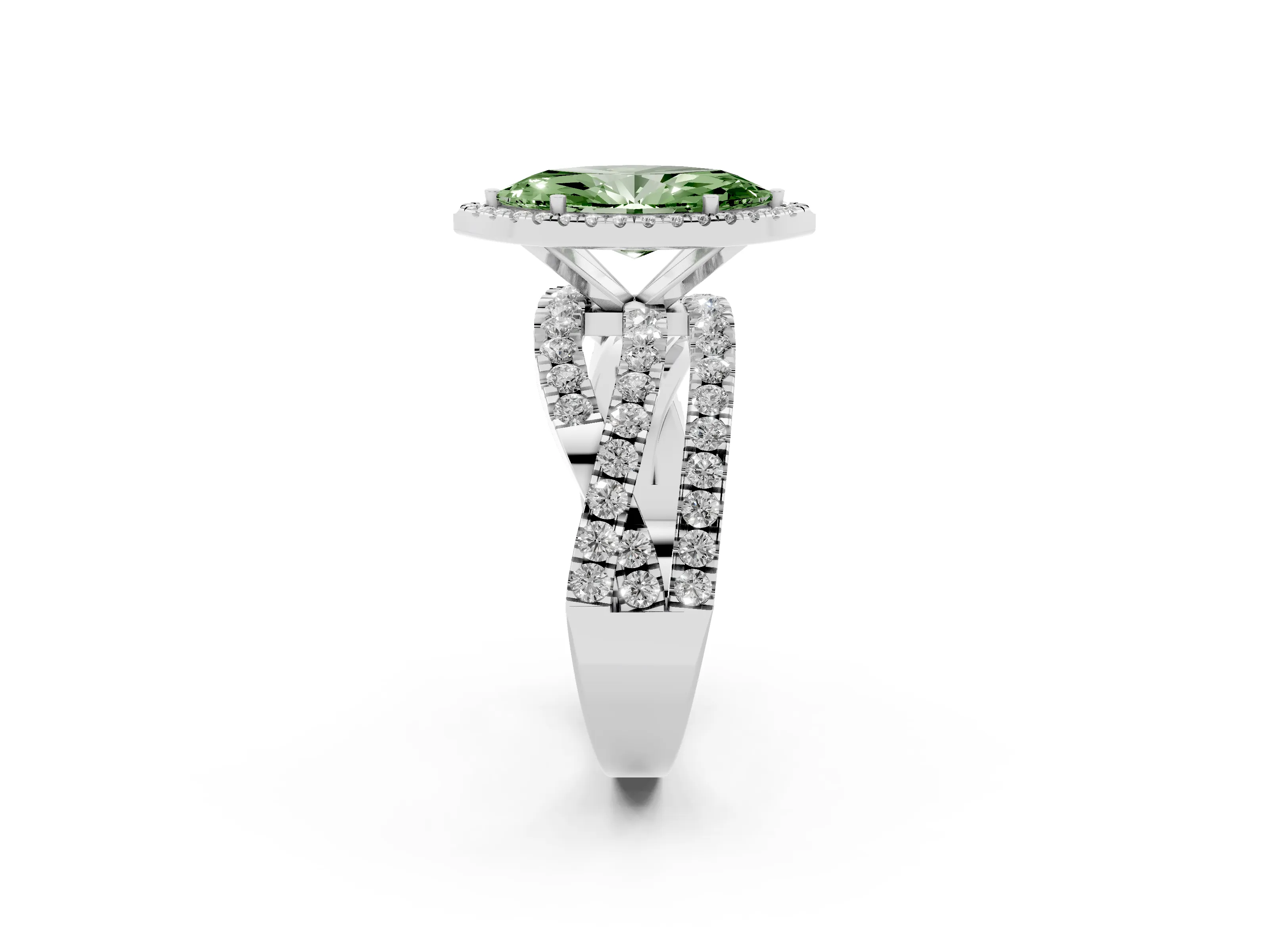 Fancy Green Marquise Cut Diamond Halo Ring Set in Platinum with Round Crossover Split Shank and Prong Setting
