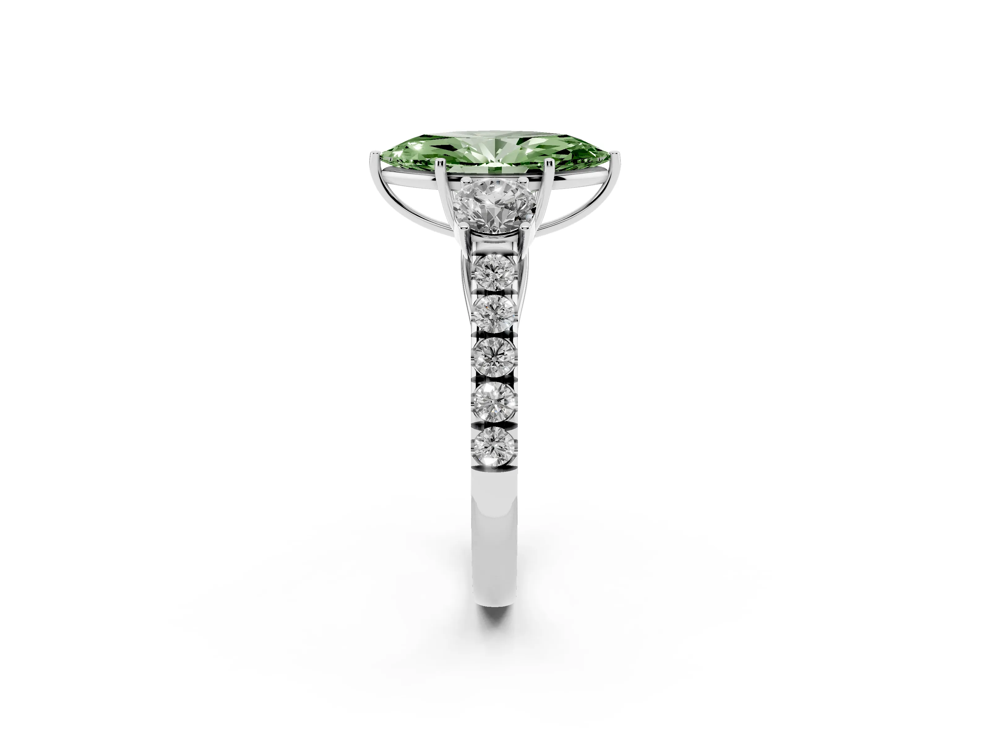 Fancy Green Marquise Cut Diamond Three-Stone Ring Set in Silver with Round Side Stones and Delicate Pavé Band