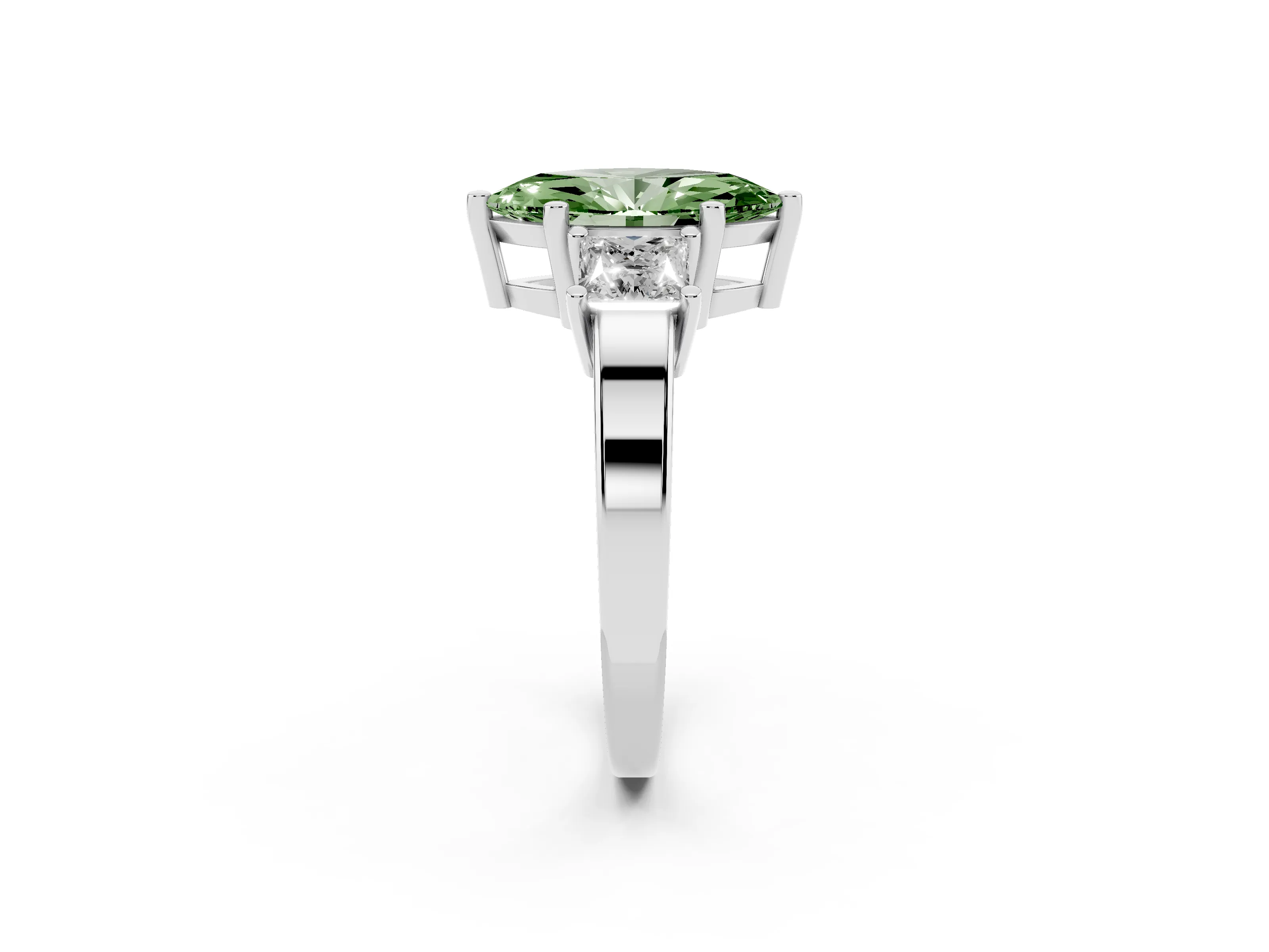 Fancy Green Three-Stone Marquise Cut Diamond Solitaire Ring Set in Platinum with Prong Setting