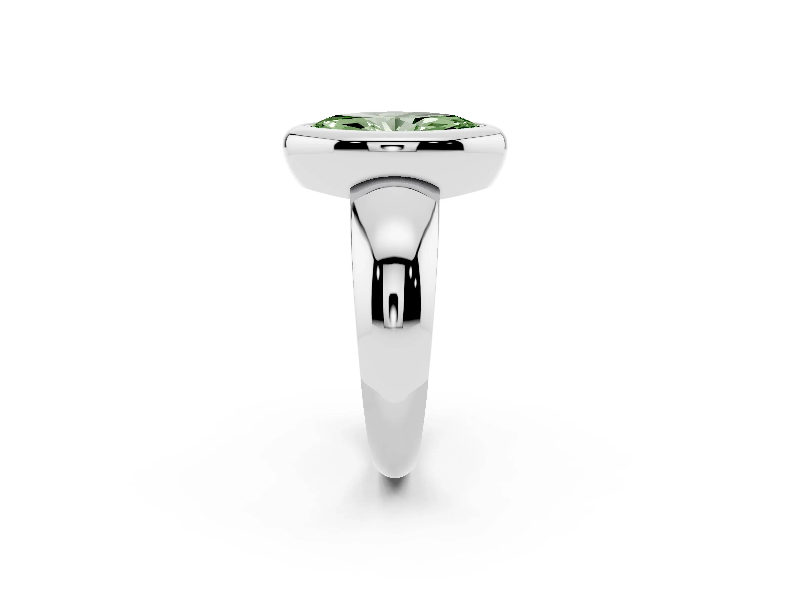 Fancy Green Bezel Set Marquise Cut Diamond Solitaire Ring Set in Silver with Wide Band