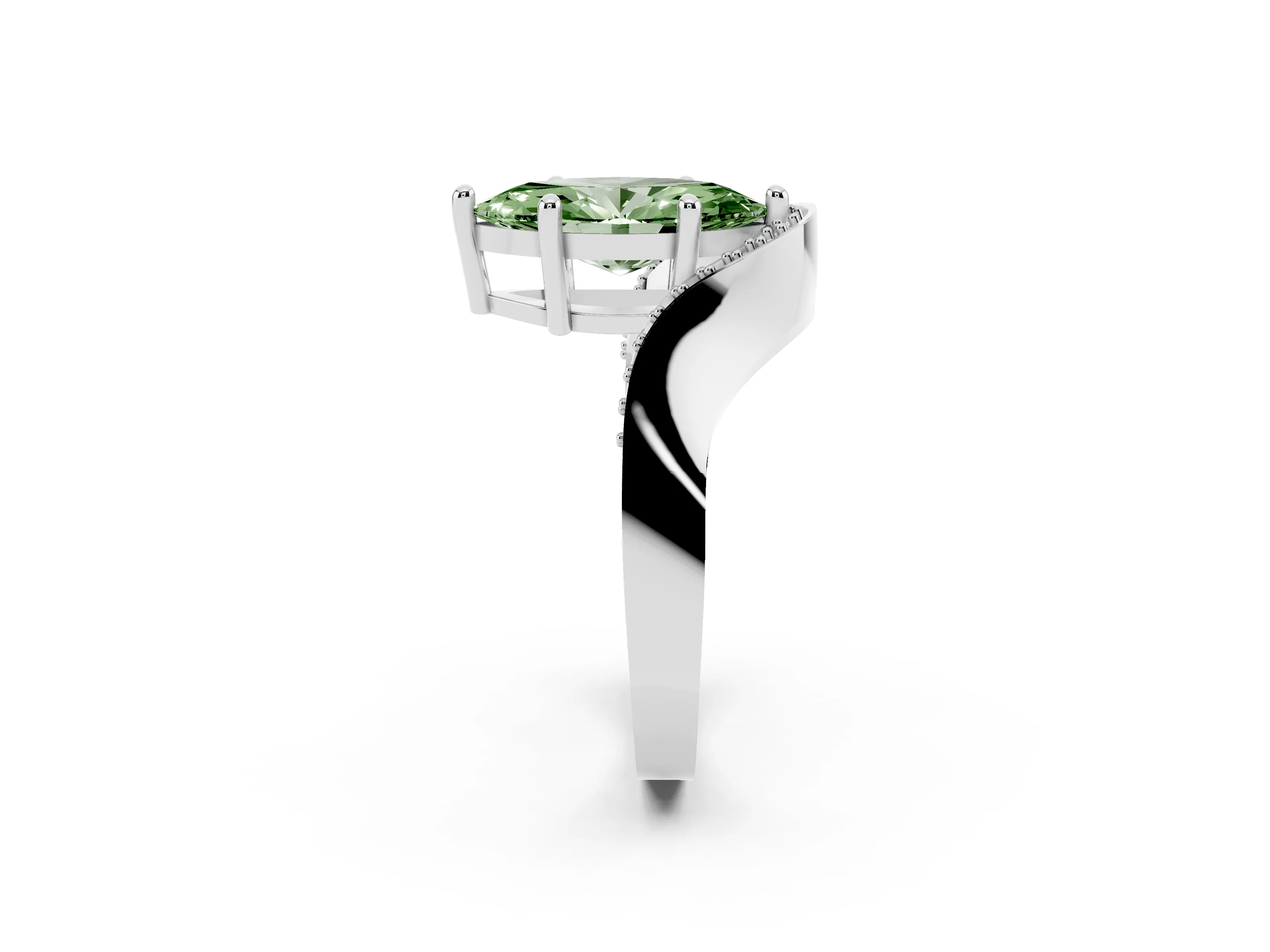 Fancy Green Marquise Cut Diamond Solitaire Engagement Ring Set in Silver with Pavé Shoulders