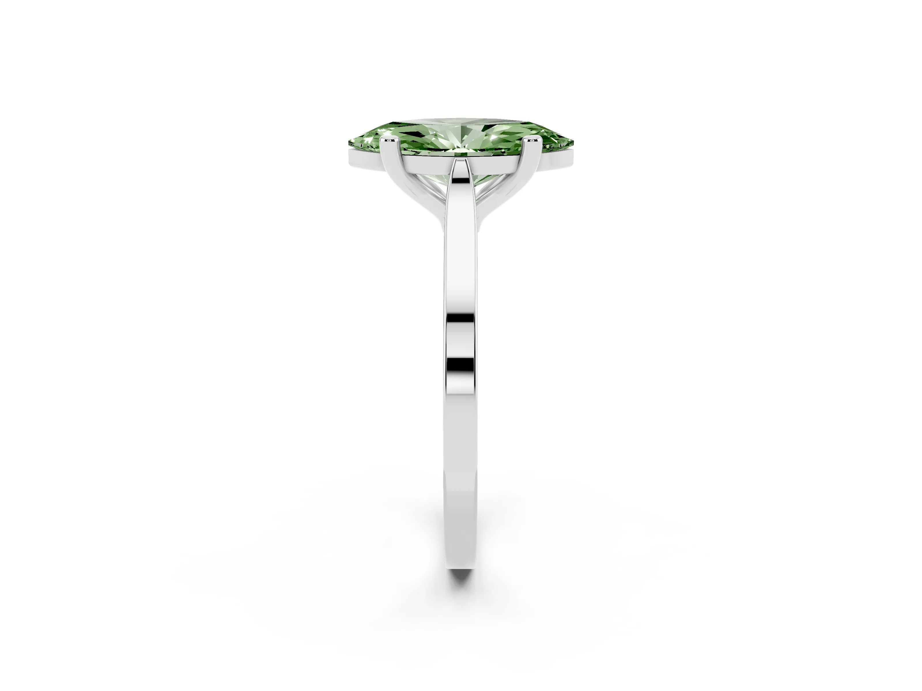 Fancy Green Marquise Cut Diamond Solitaire Ring Set in Platinum with Prong Setting and Tapered Band