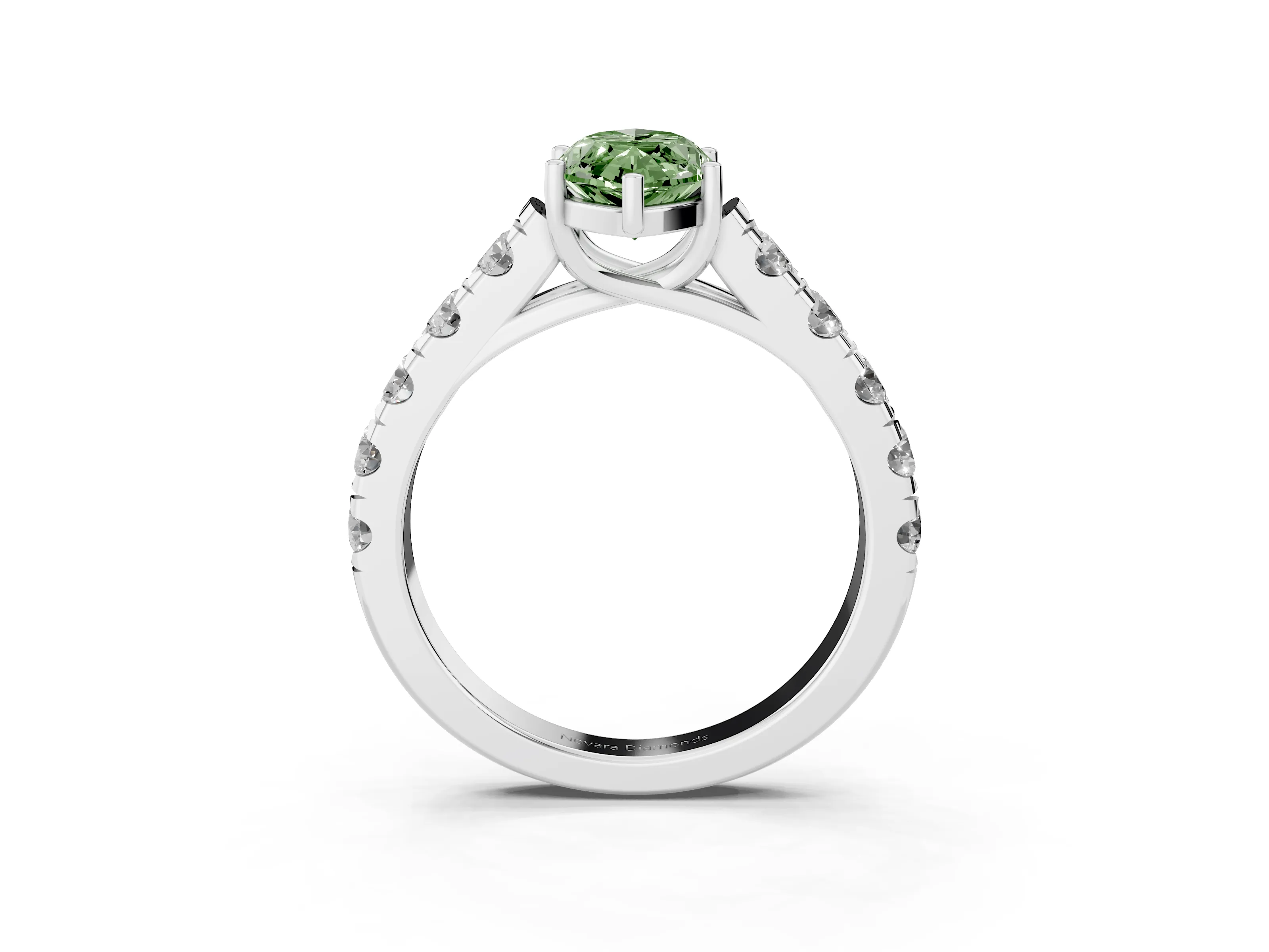 Fancy Green Marquise Cut Diamond Solitaire Ring Set in Silver with Cut-Down Micro Pavé Band and Prong Setting