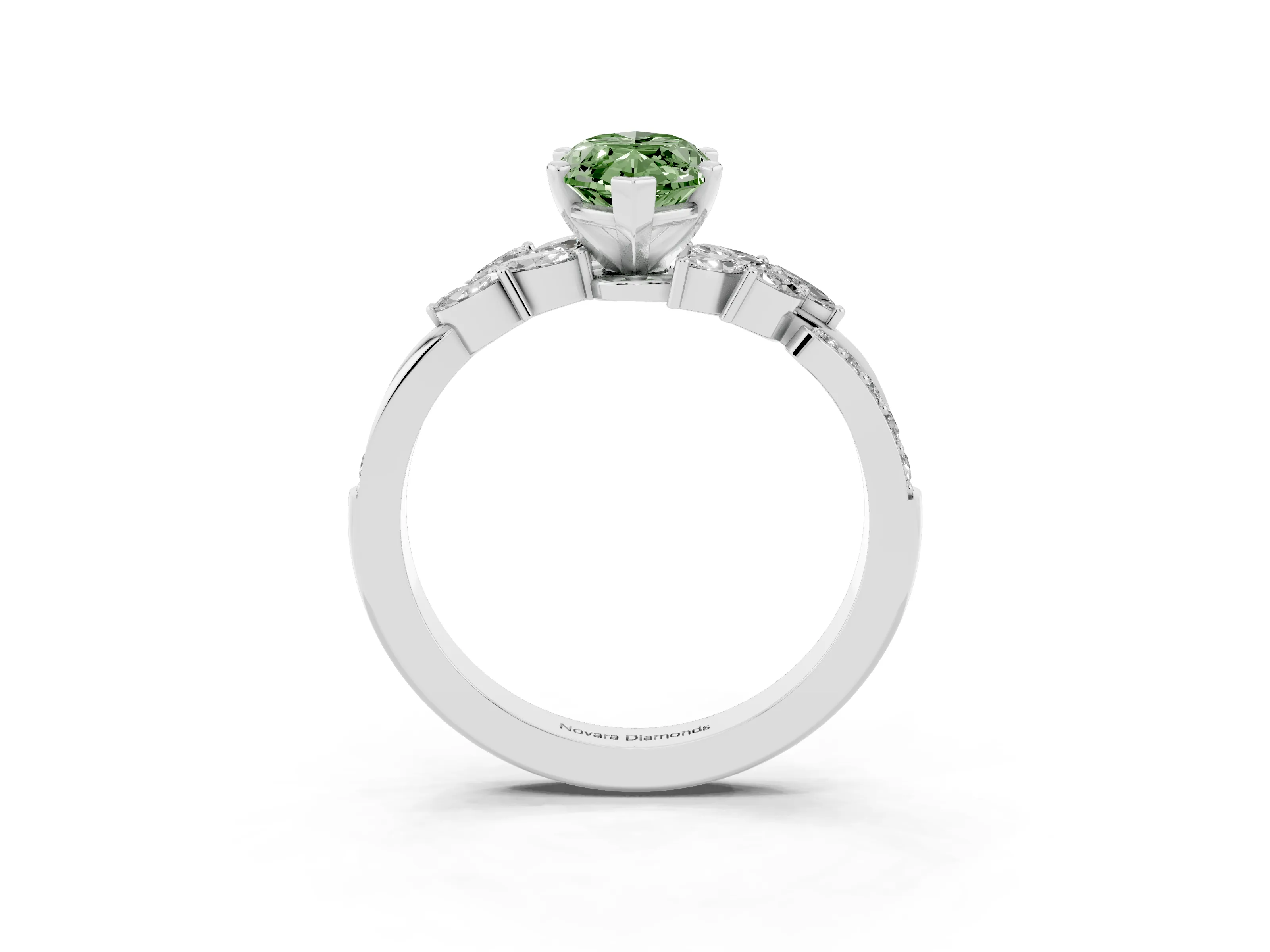 Fancy Green Marquise Cut Diamond Solitaire Ring Set in White gold with Marquise Twist Band and Prong Setting