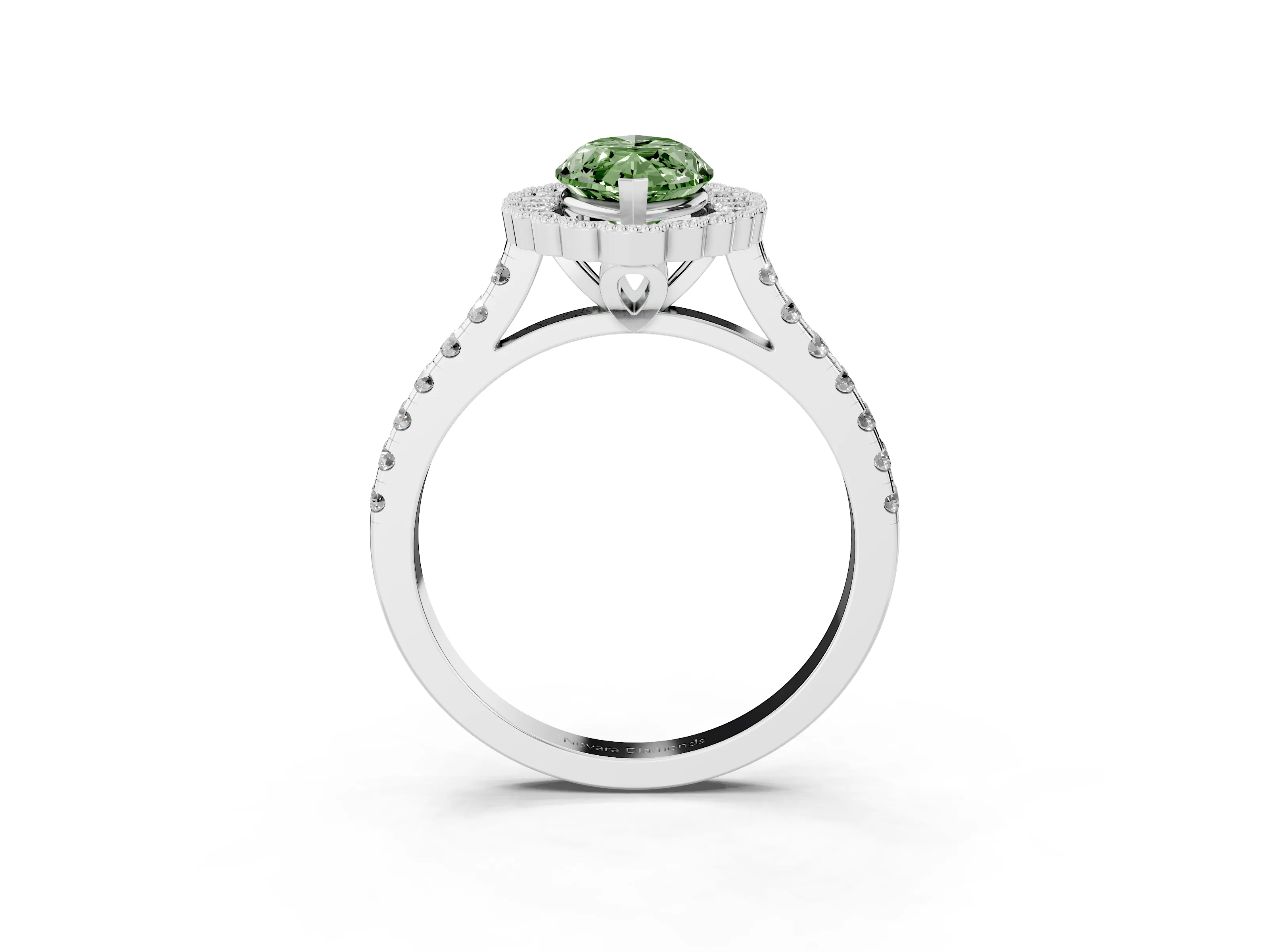 Fancy Green Marquise Cut Diamond Milgrain Floral Halo Engagement Ring Set in White gold with Pavé Band
