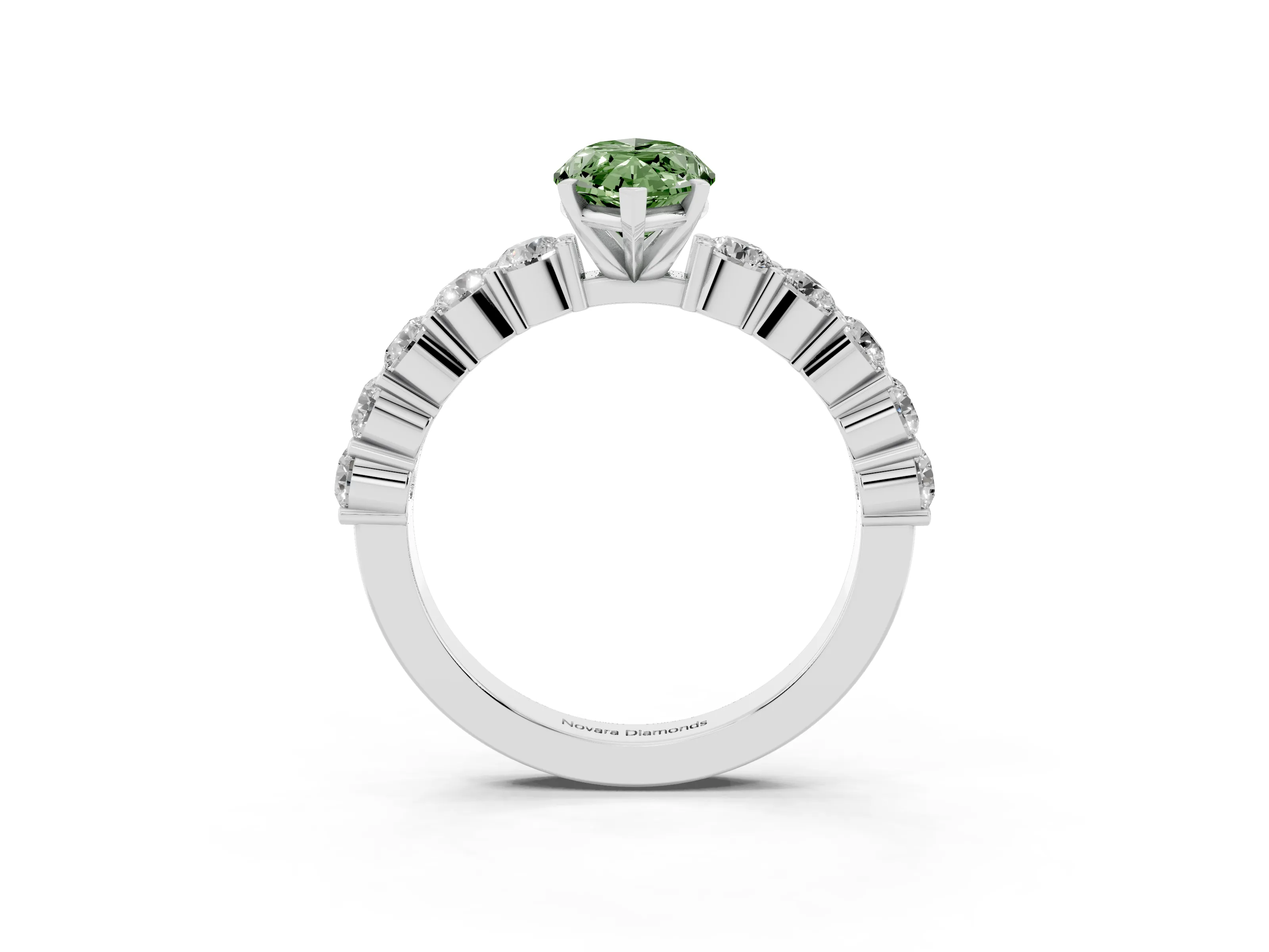 Fancy Green Marquise Cut Diamond Solitaire Ring Set in Silver with Shared Prong Round Side Stones