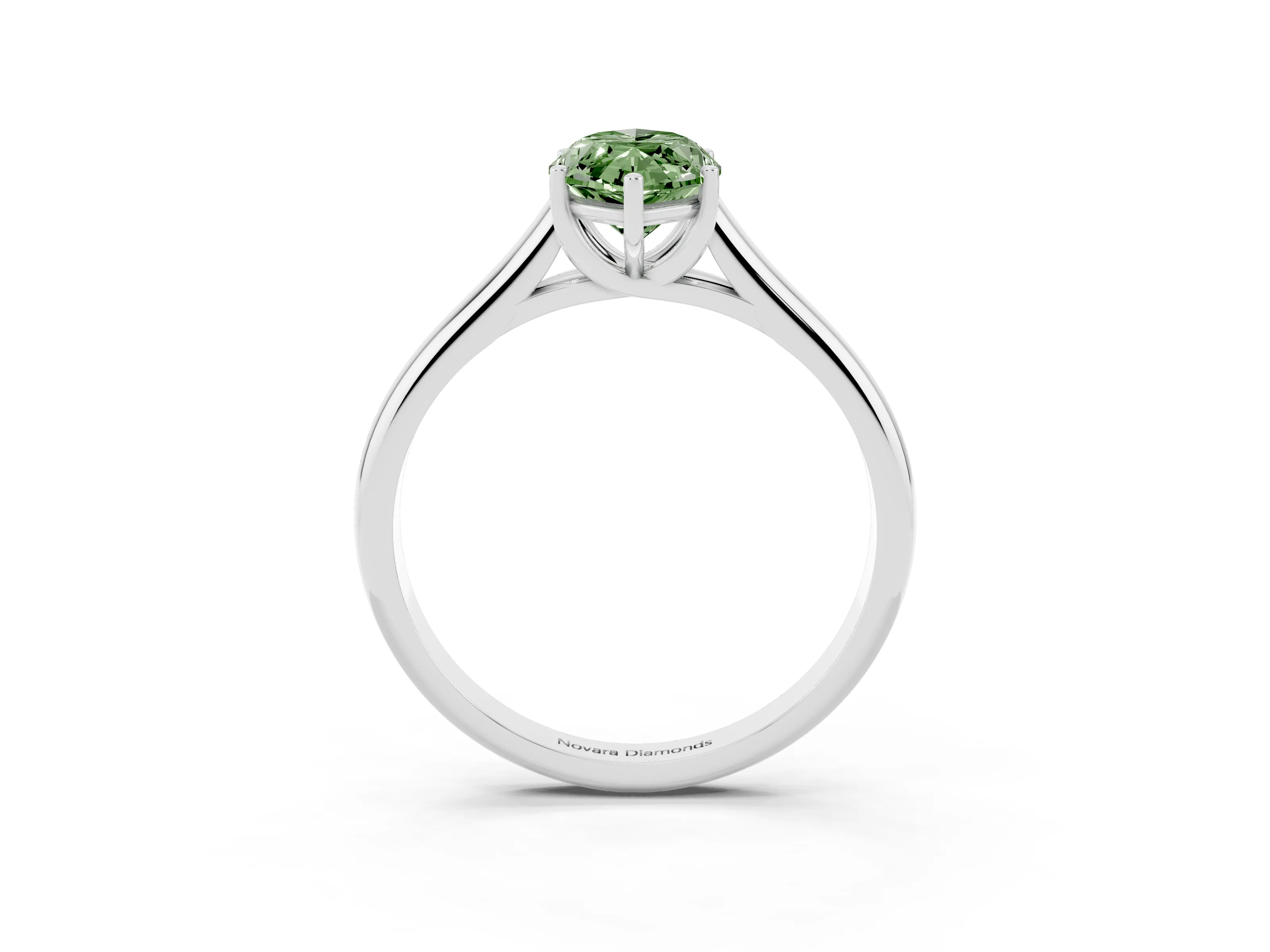 Fancy Green Marquise Cut Diamond Solitaire Engagement Ring Set in White gold with Subtly Tapered Band and Prong Setting