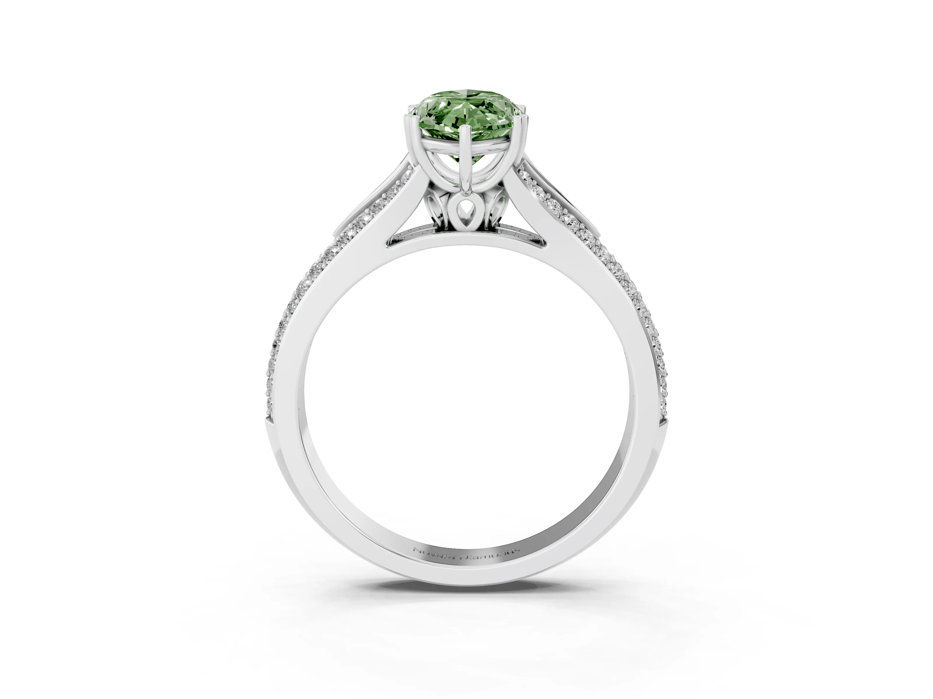 Fancy Green Marquise Cut Diamond Split Shank Pavé Engagement Ring Set in White gold with Prong-Set Center Stone