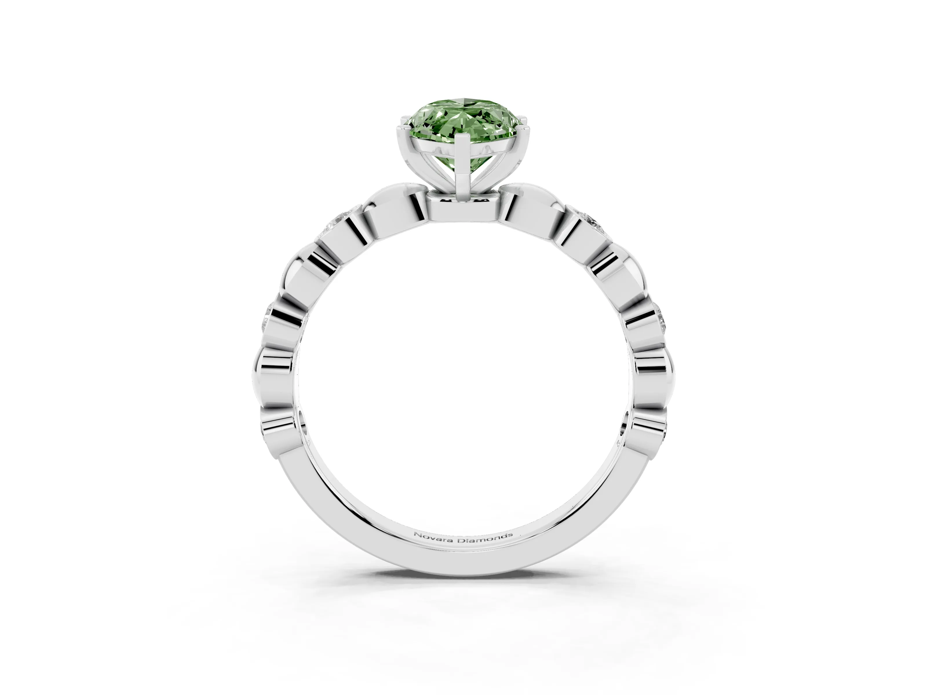 Fancy Green Marquise Cut Diamond Solitaire Ring Set in Silver with Bezel-Set Accents on Beaded Band and Prong Setting