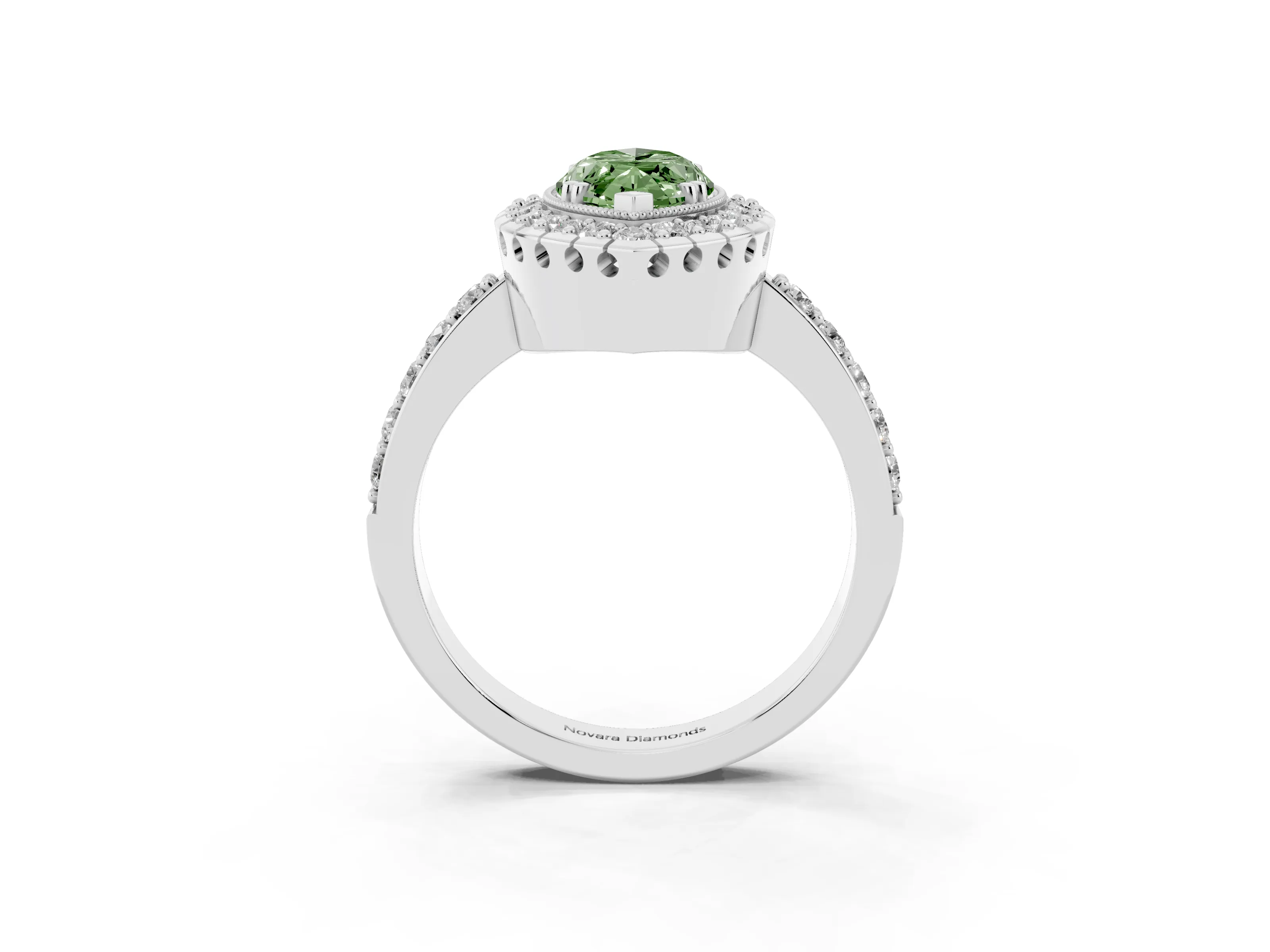Fancy Green Marquise Cut Diamond Halo Ring Set in White gold with Pavé Shank and Prong Setting