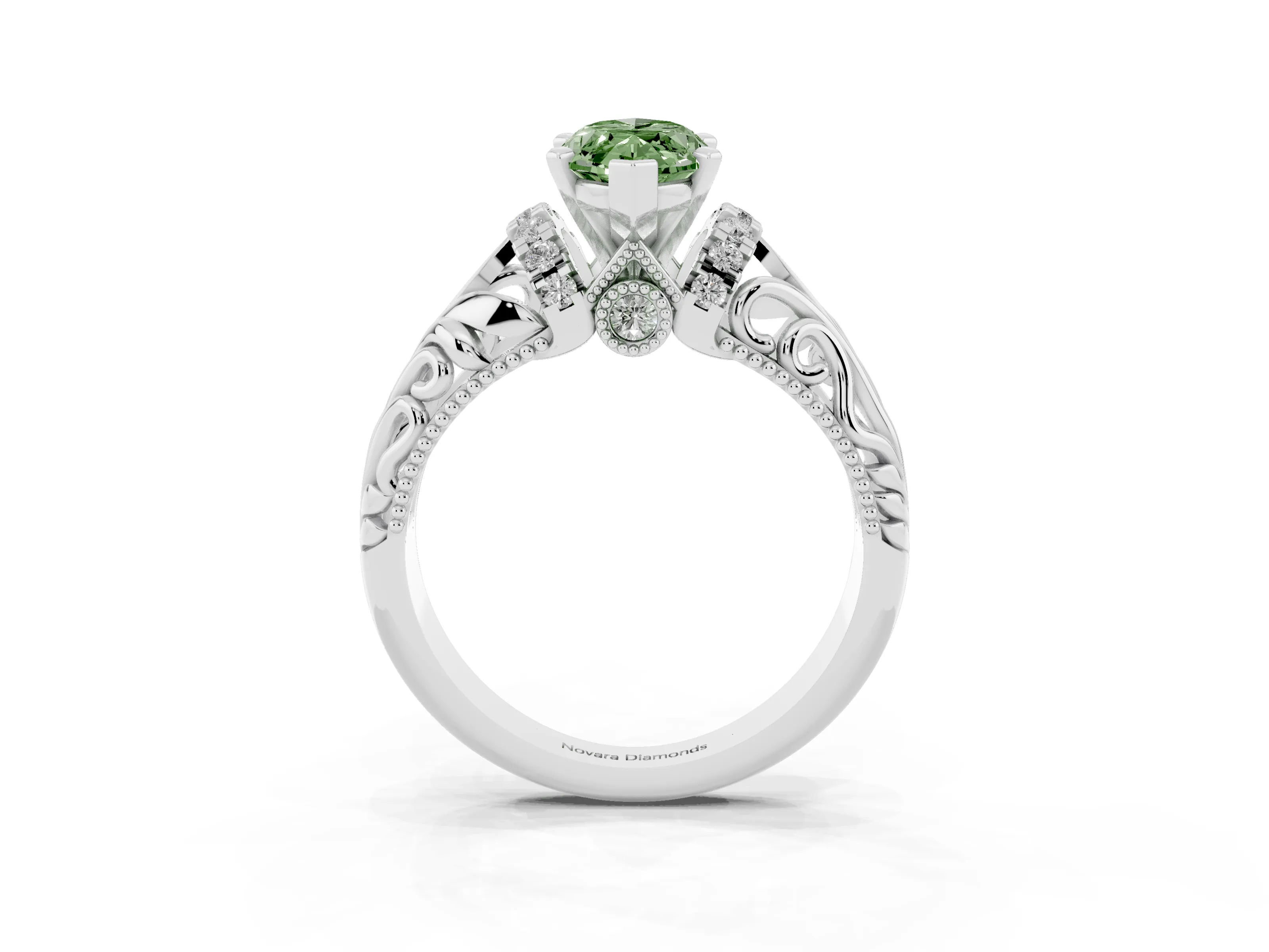 Fancy Green Marquise Cut Diamond Filigree Halo Engagement Ring Set in White gold with Prong Setting