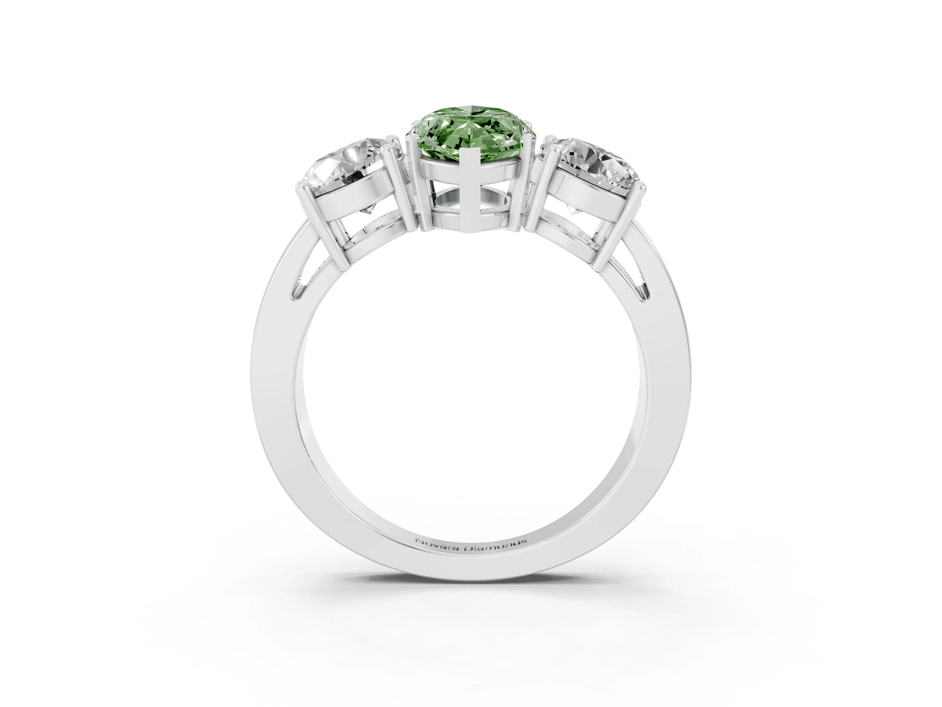 Fancy Green Marquise Cut Diamond Three-Stone Ring Set in Platinum with Round Side Stones and Classic Band