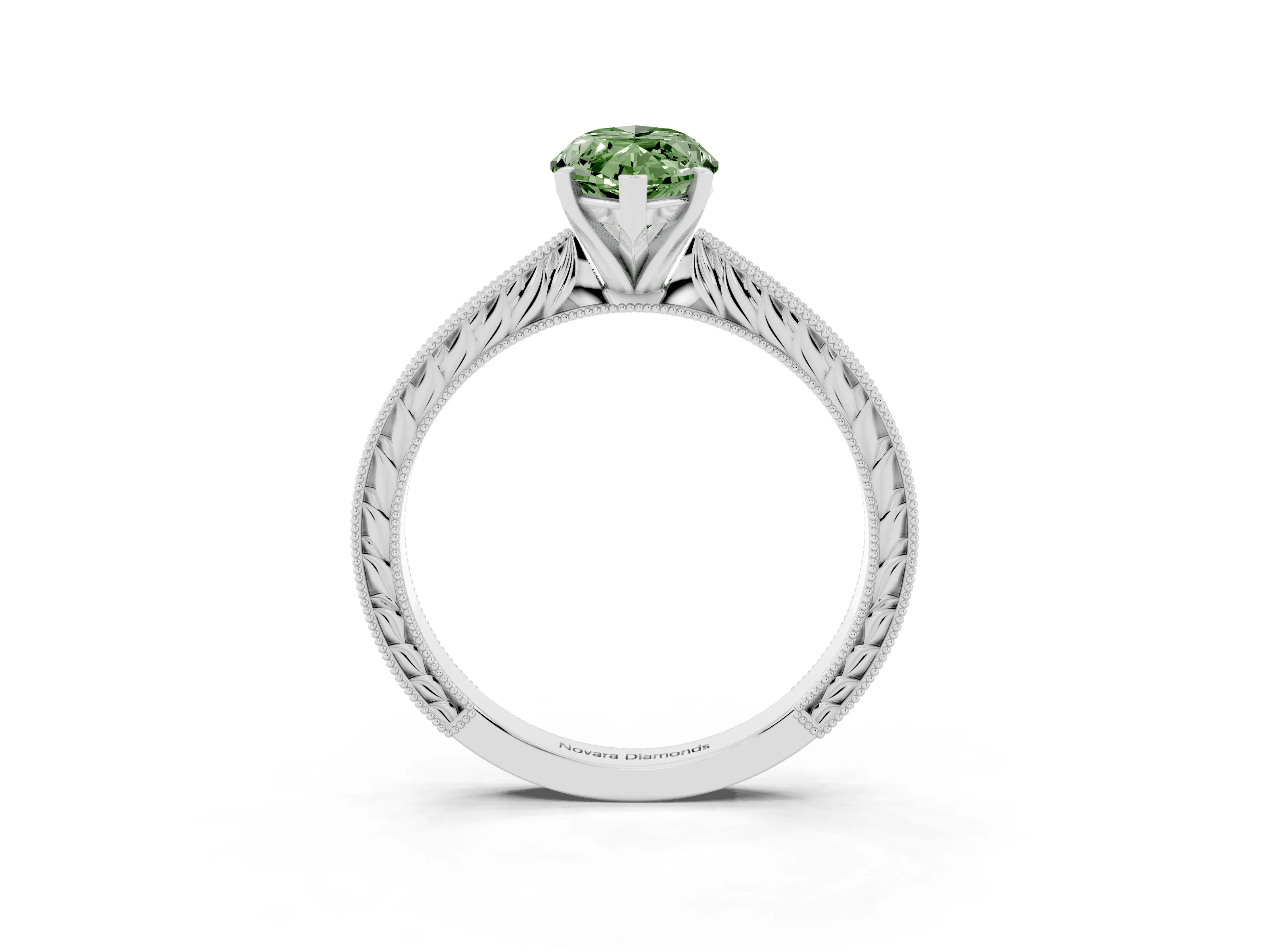 Fancy Green Marquise Cut Diamond Solitaire Milgrain Engraved Band Set in White gold with Prong Setting