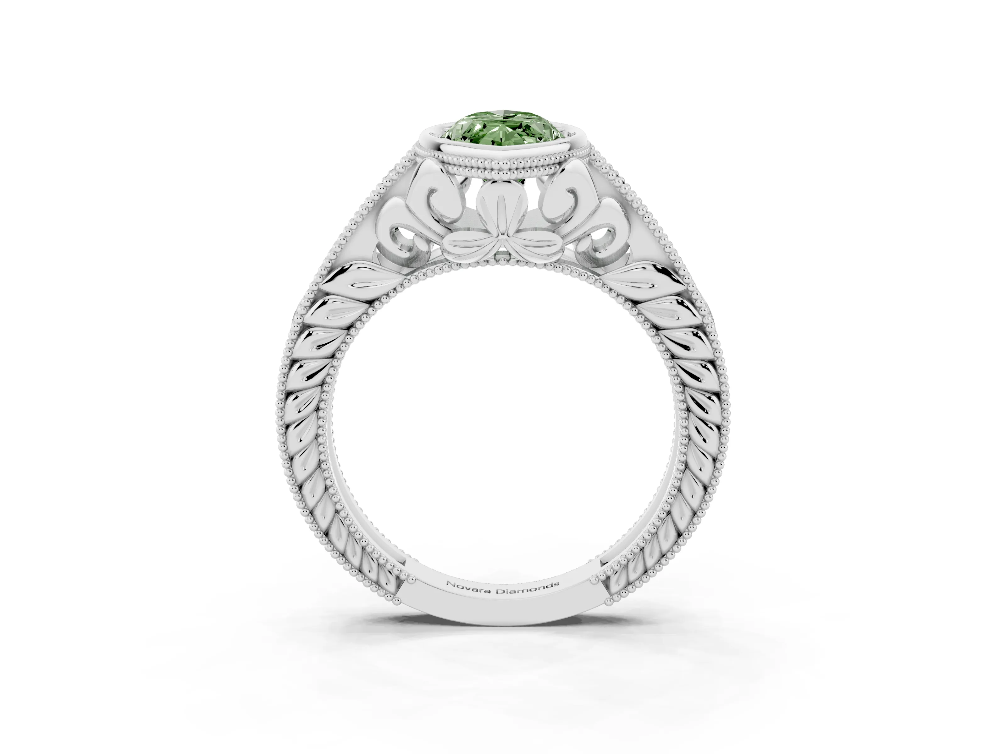 Fancy Green Bezel Set Marquise Cut Diamond Milgrain Pavé Engagement Ring Set in White gold