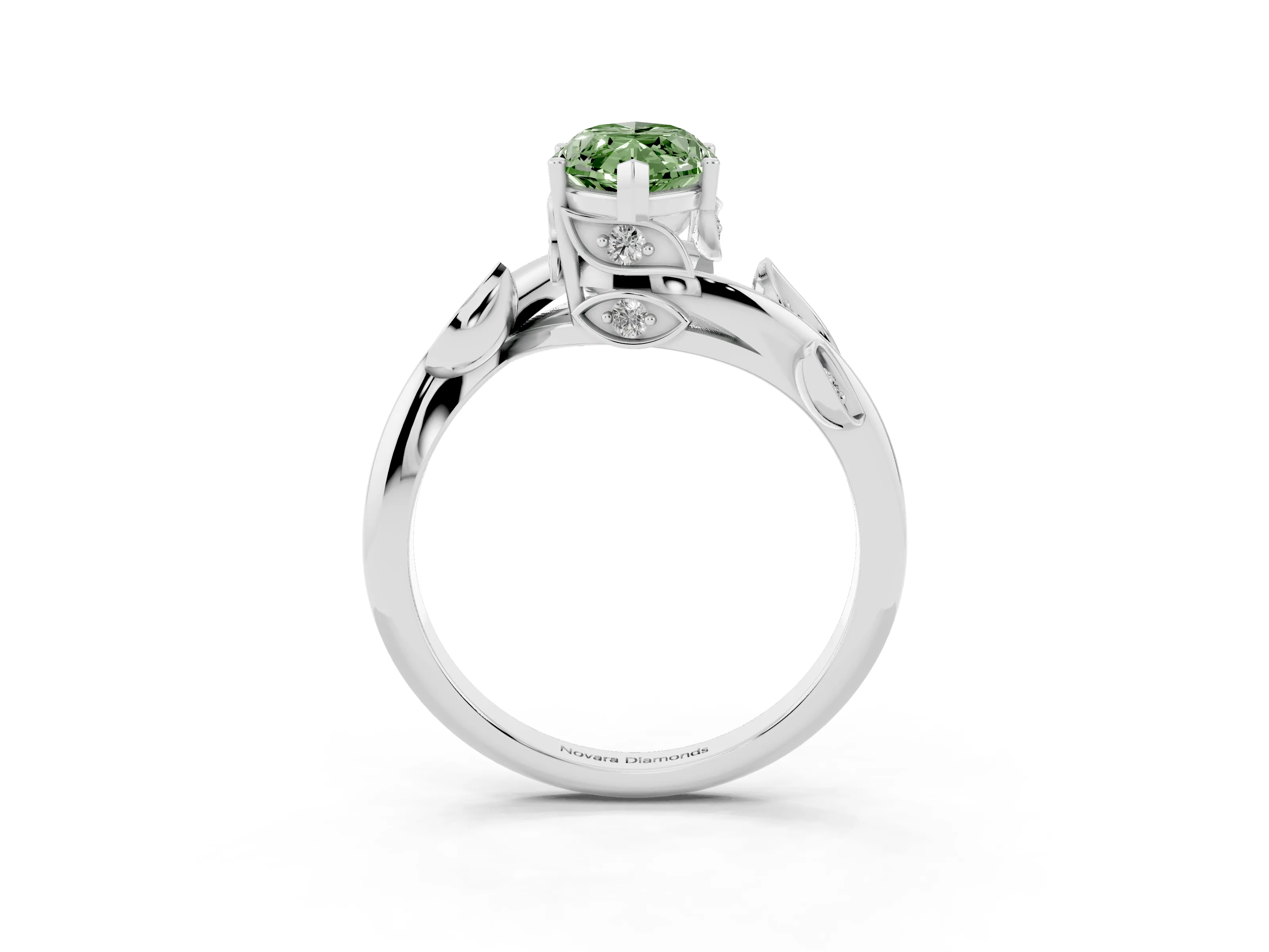Fancy Green Marquise Cut Diamond Solitaire Twist Engagement Ring Set in White gold with Pavé Leaf Accents