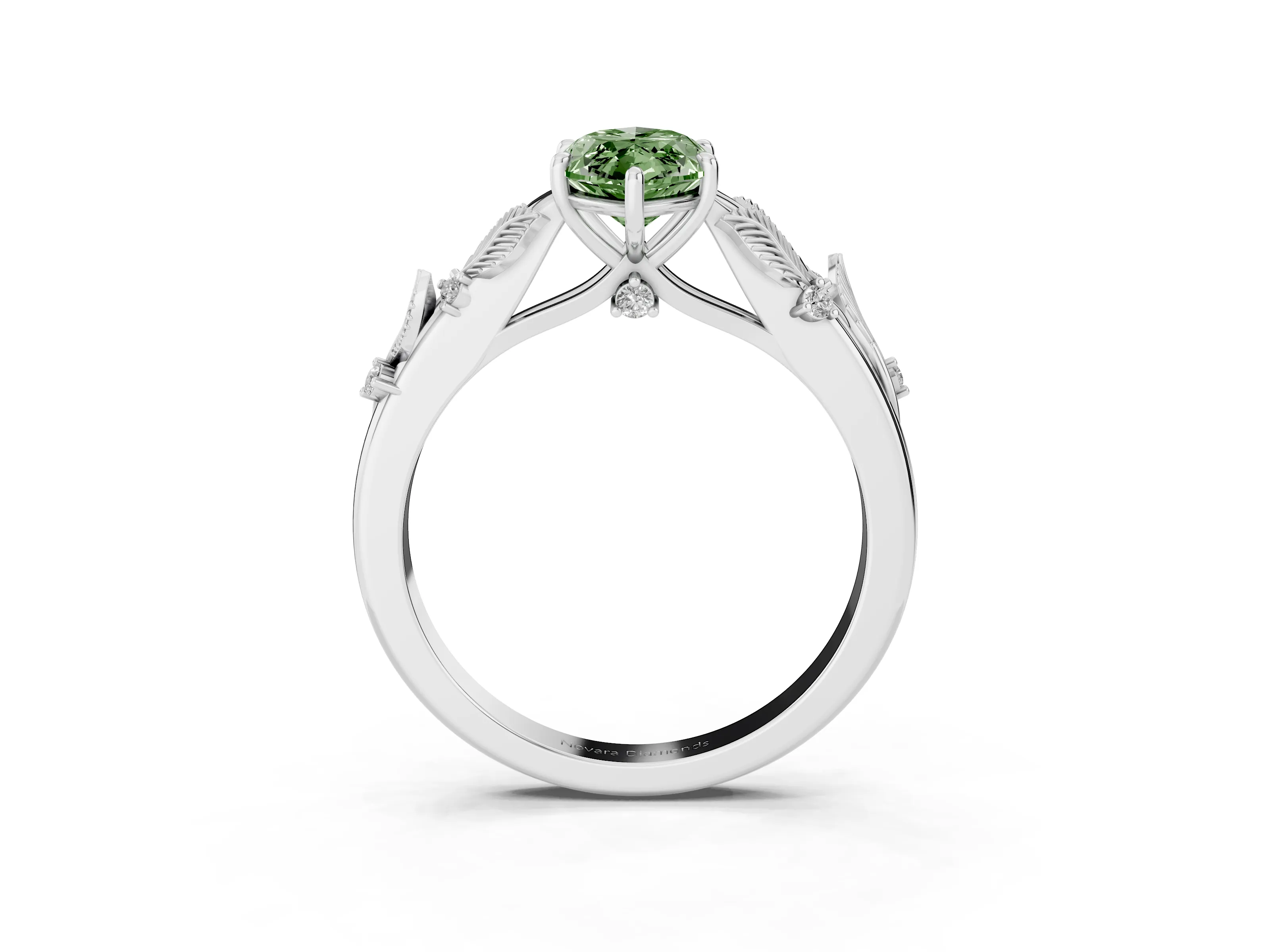 Fancy Green Marquise Cut Diamond Solitaire Ring Set in White gold with Leaf Motif Band