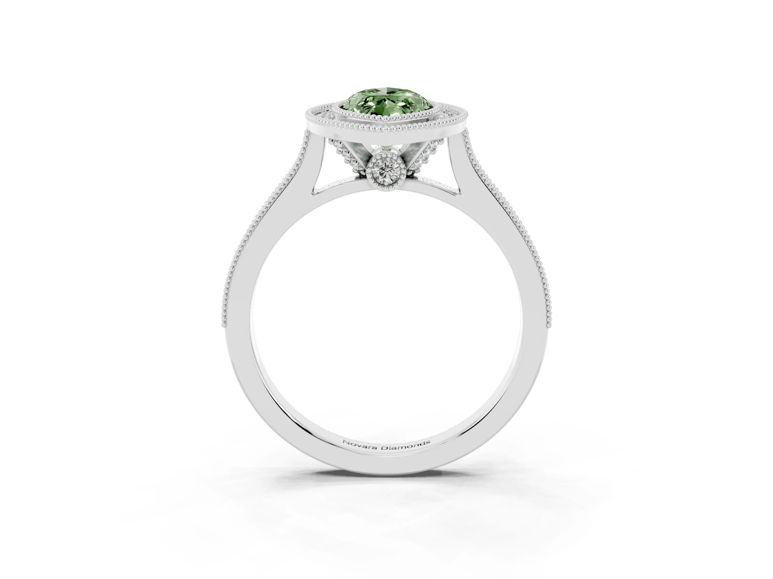 Fancy Green Marquise Cut Diamond Halo Milgrain Pavé Band Ring Set in Platinum with Prong Setting