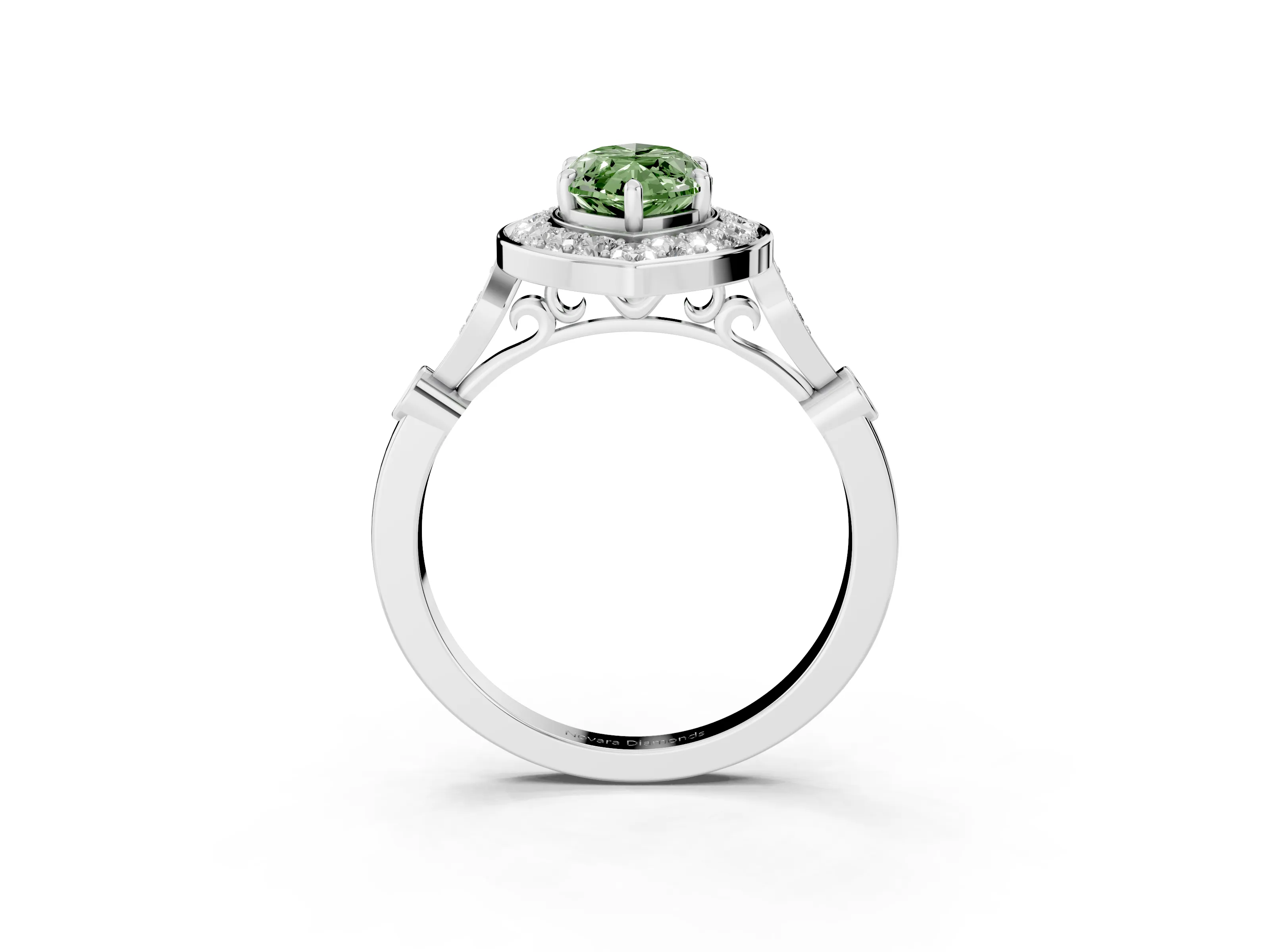 Fancy Green Marquise Cut Diamond Halo Engagement Ring Set in Platinum with Twisted Band and Prong Setting