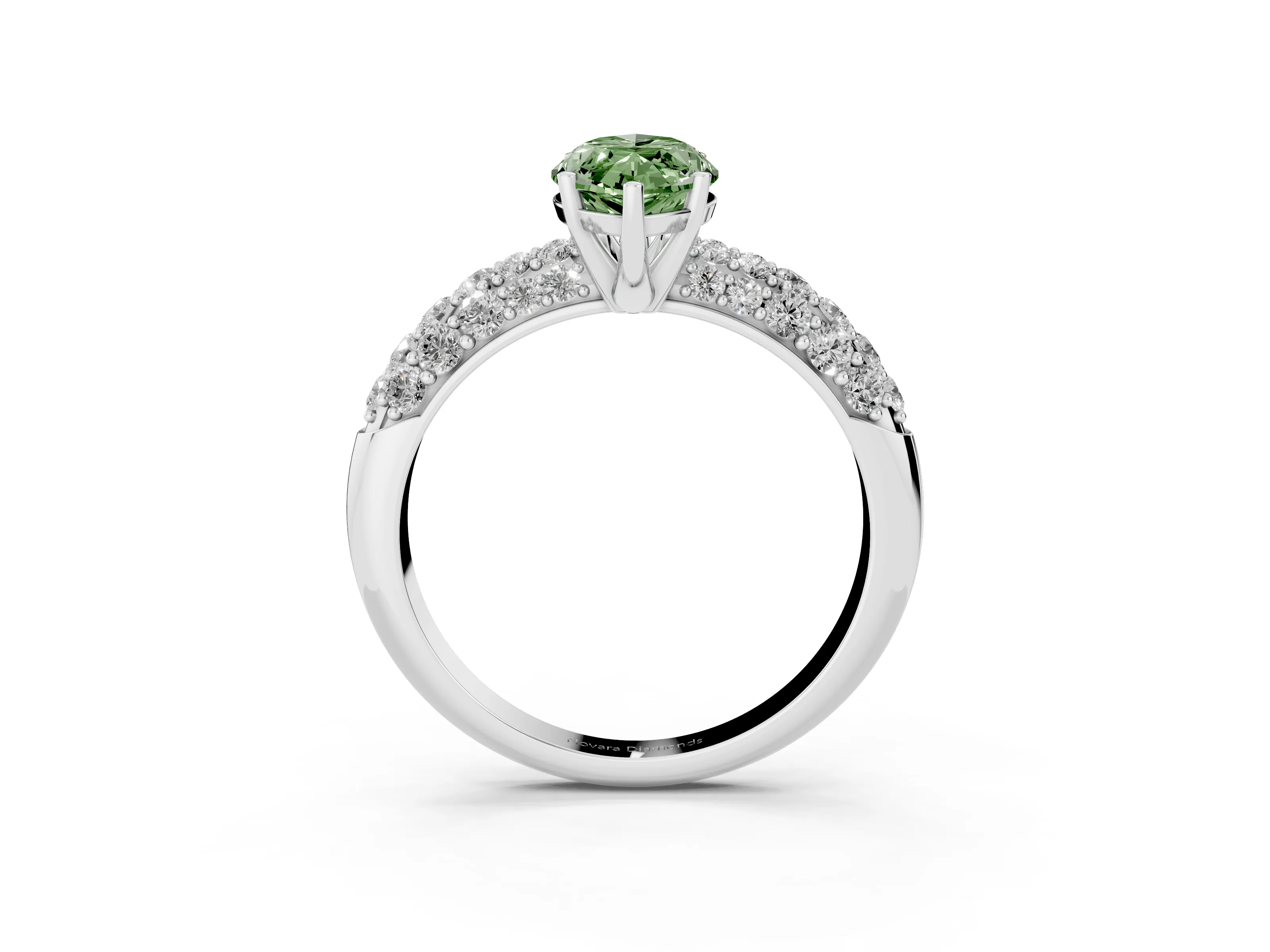 Fancy Green Marquise Cut Diamond Pavé Band Solitaire Ring Set in White gold with Close-Set Accent Stones and Prong Setting