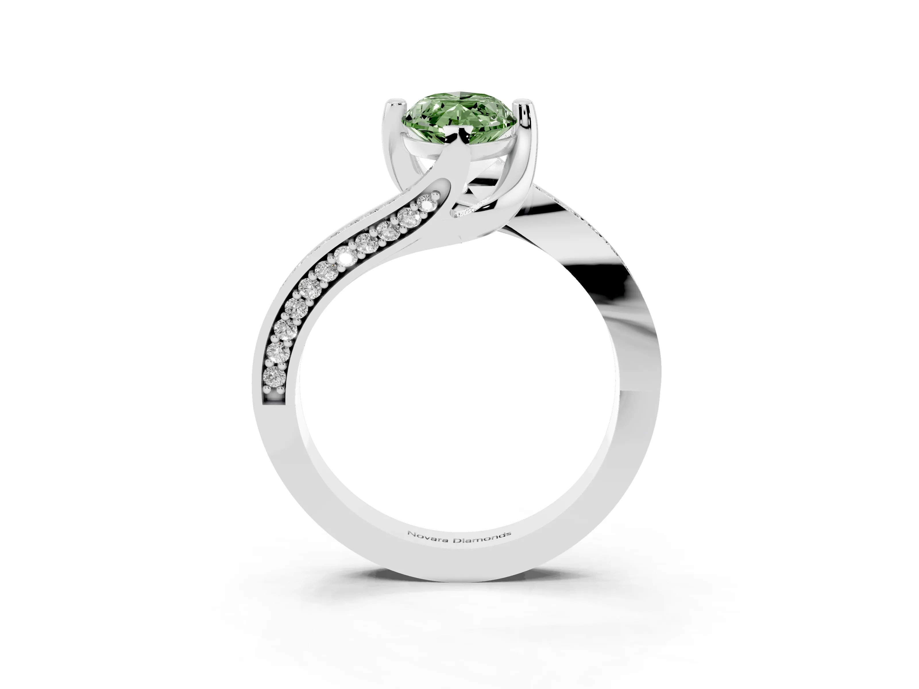 Fancy Green Marquise Cut Diamond Solitaire Ring Set in Silver with Intertwined Pavé Twist Band