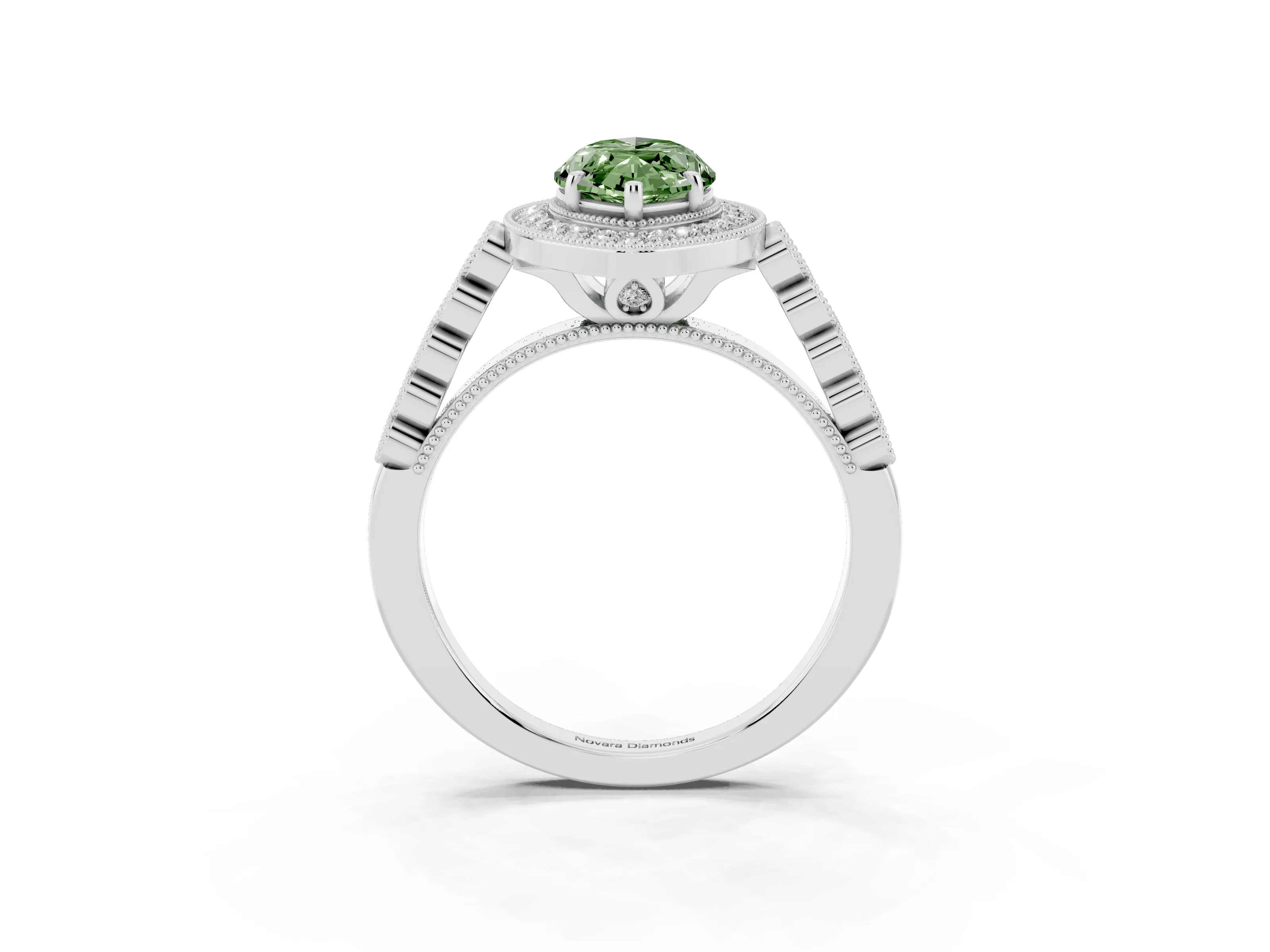 Fancy Green Marquise Cut Diamond Milgrain Halo Solitaire Ring Set in White gold with Bezel Set Side Stones and Pavé Band