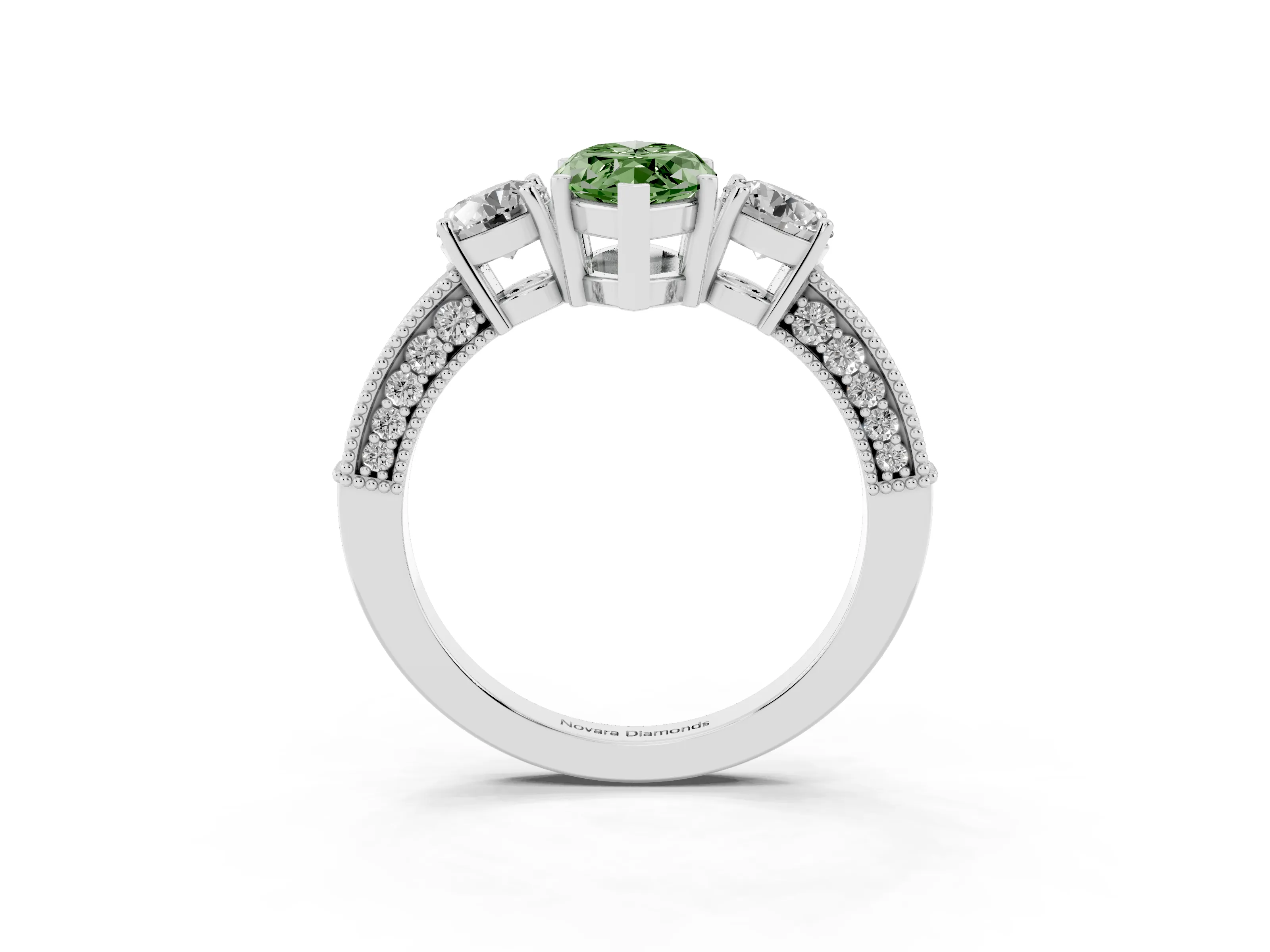 Fancy Green Marquise Cut Diamond Three-Stone Ring Set in Silver with Round Side Stones and Pavé Band