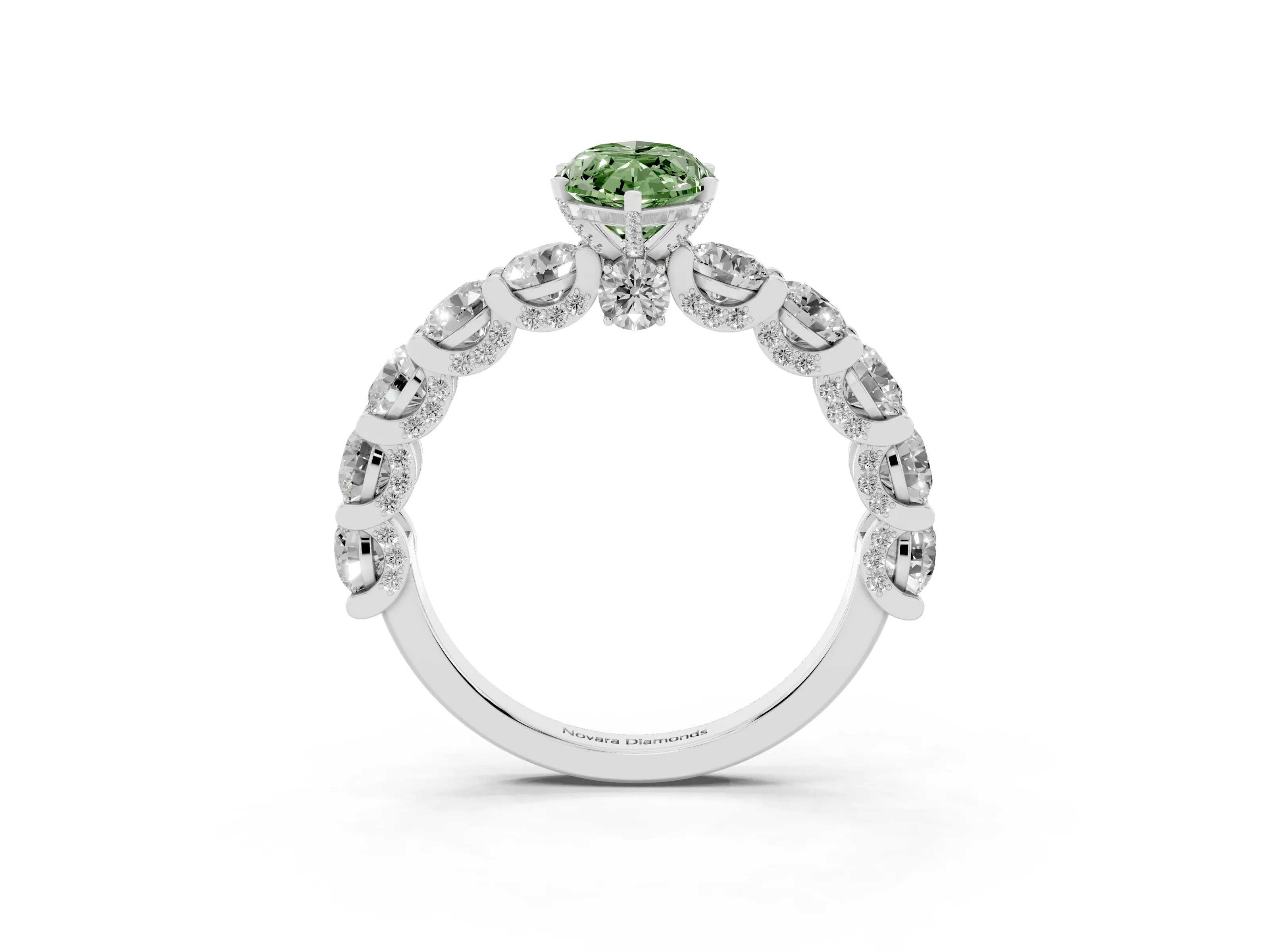 Fancy Green Marquise Cut Diamond Side Stone Ring Set in White gold with Alternating Round and Oval Side Stones