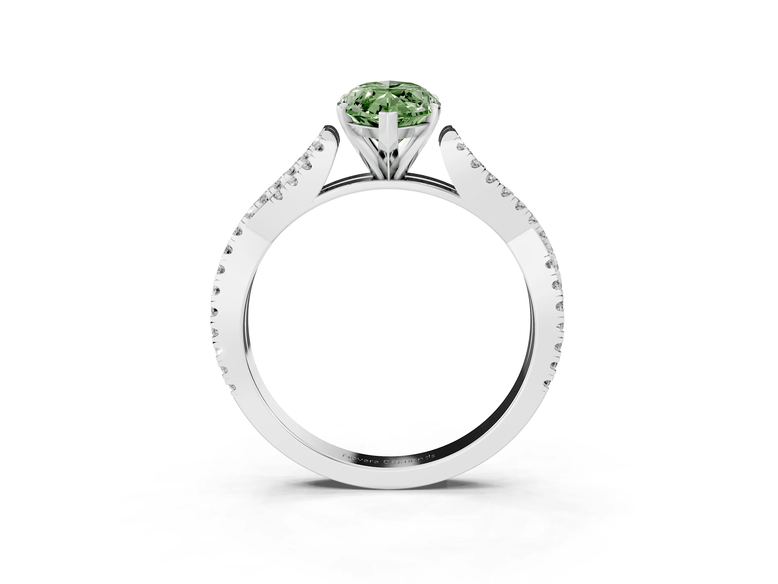 Fancy Green Marquise Cut Diamond Solitaire Engagement Ring Set in Platinum with Twisted Pavé Band and Prong Setting