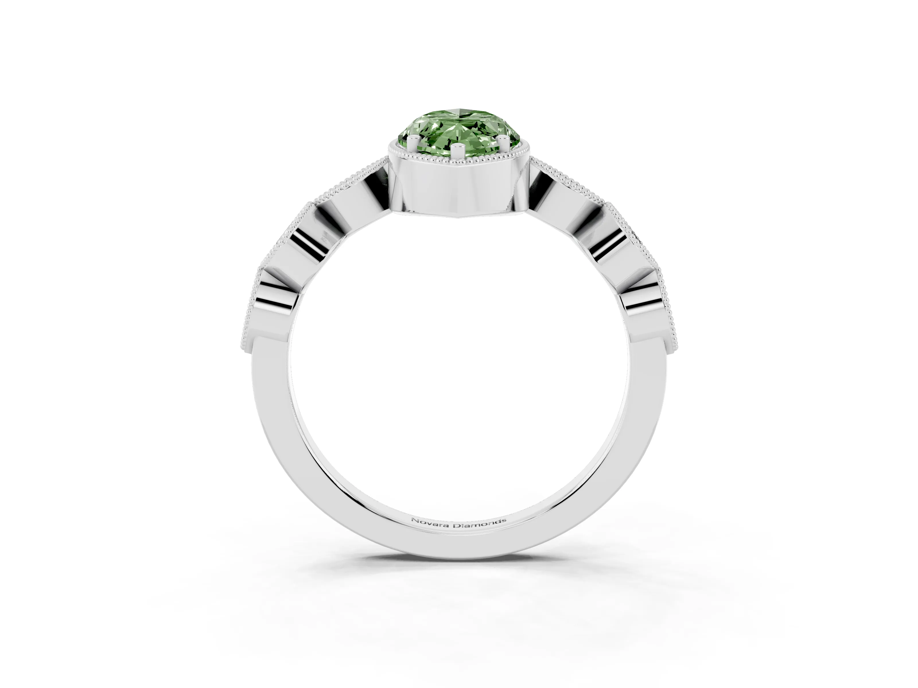 Fancy Green Marquise Cut Diamond Vintage-Inspired Milgrain Ring Set in Silver with Marquise Stations of Round Accents